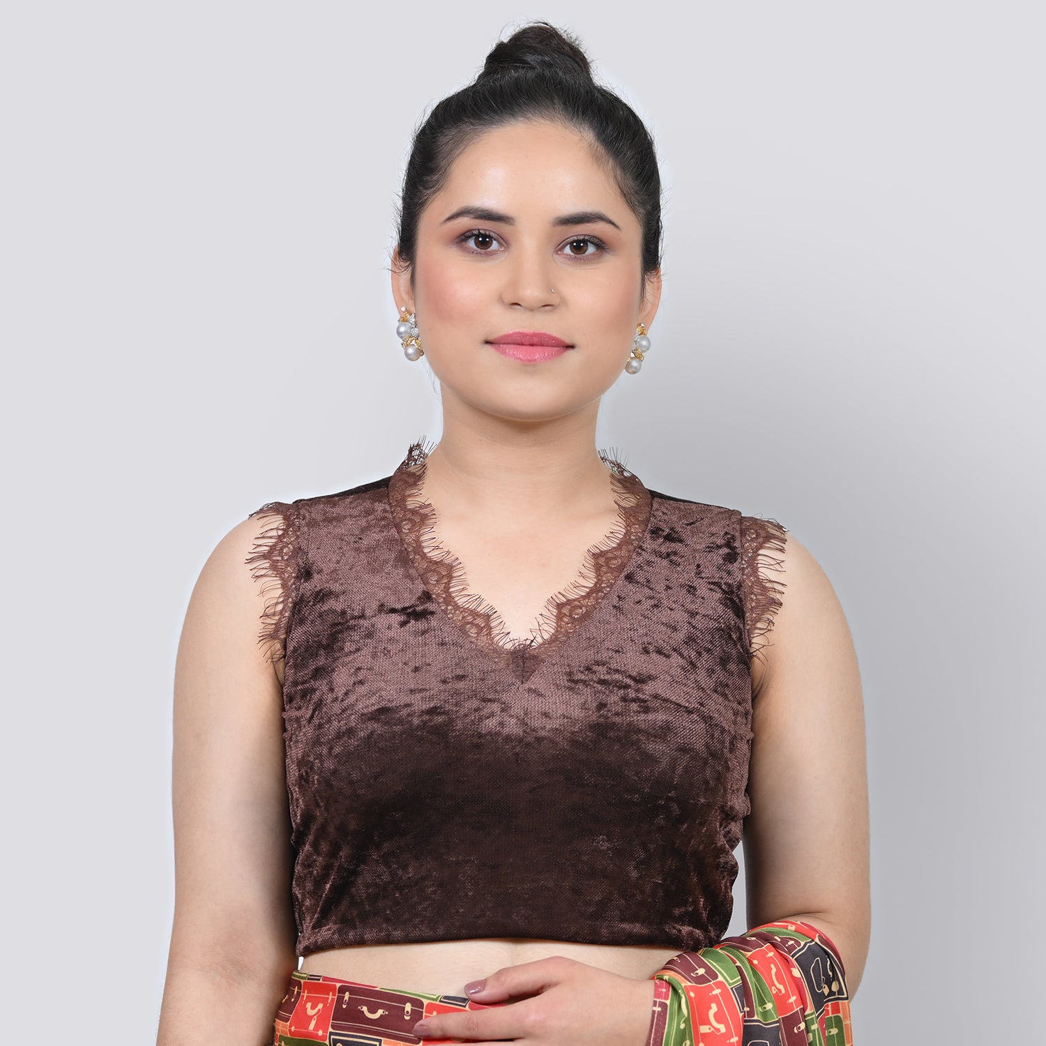 Brown Velvet V Neck Without Sleeves Blouse