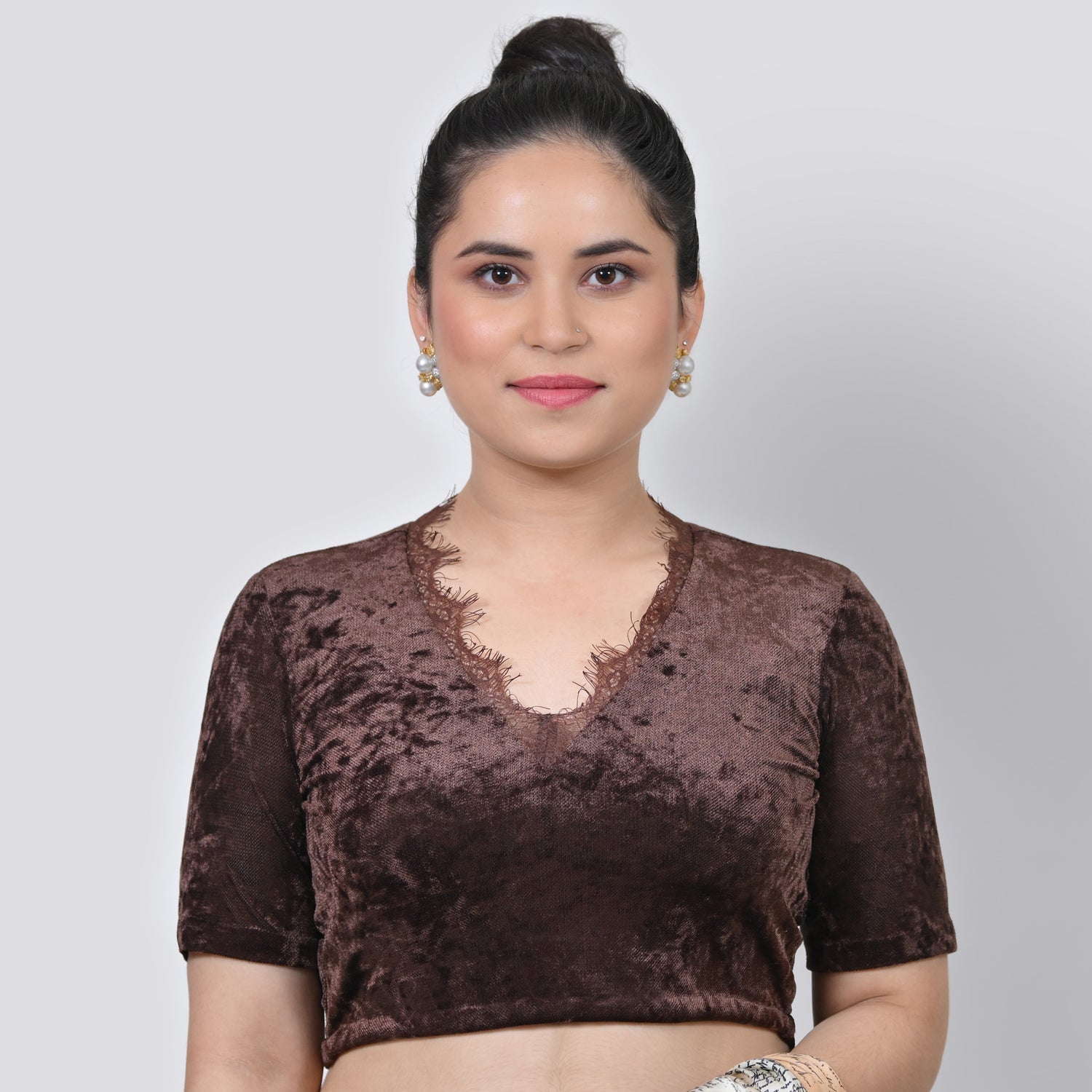 Brown Velvet Blouse With Lace