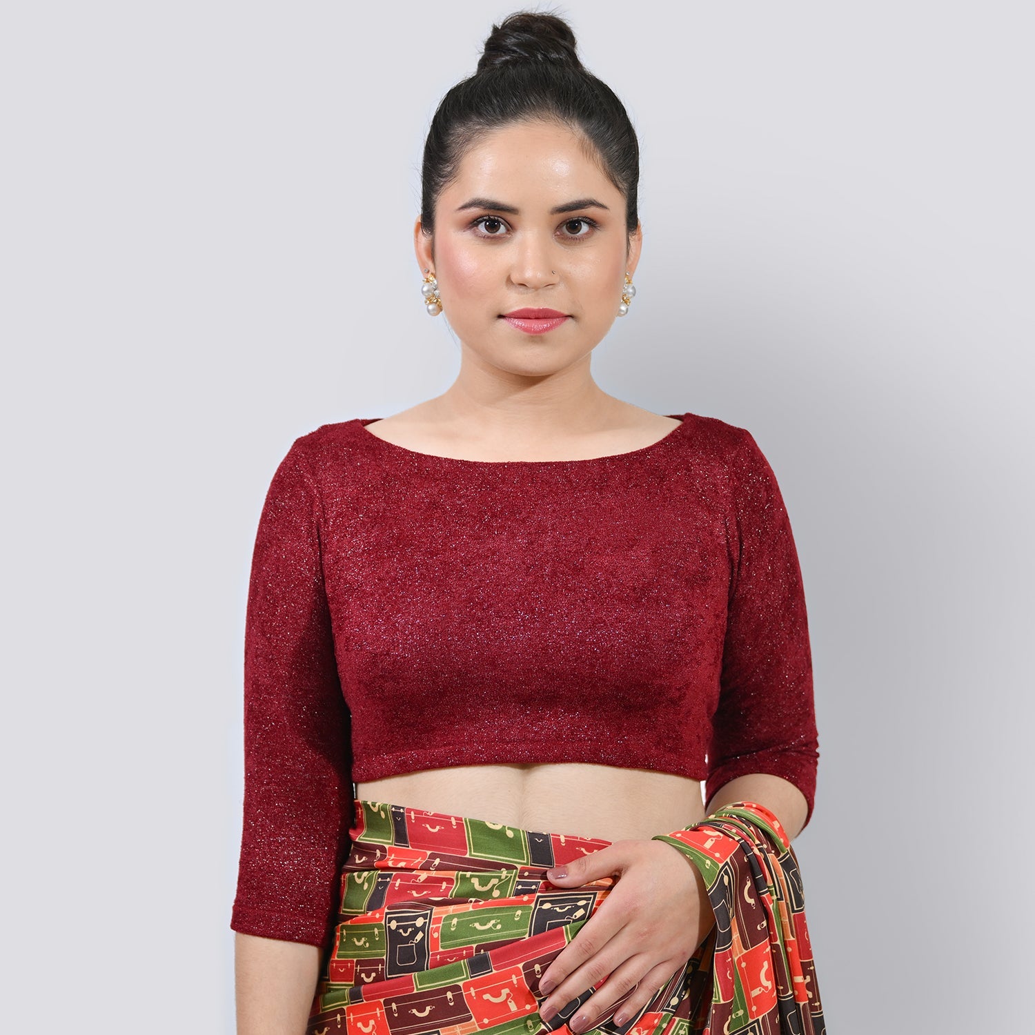 Maroon Boat Neck Velvet Blouse