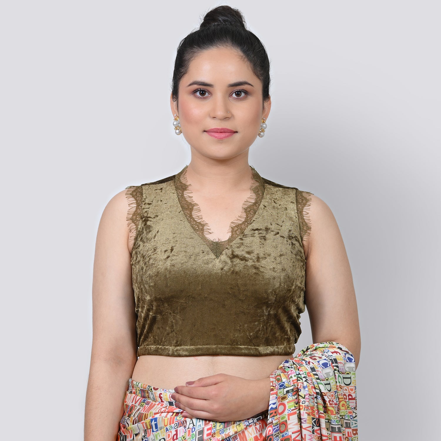 Green Velvet V Neck Without Sleeves Blouse