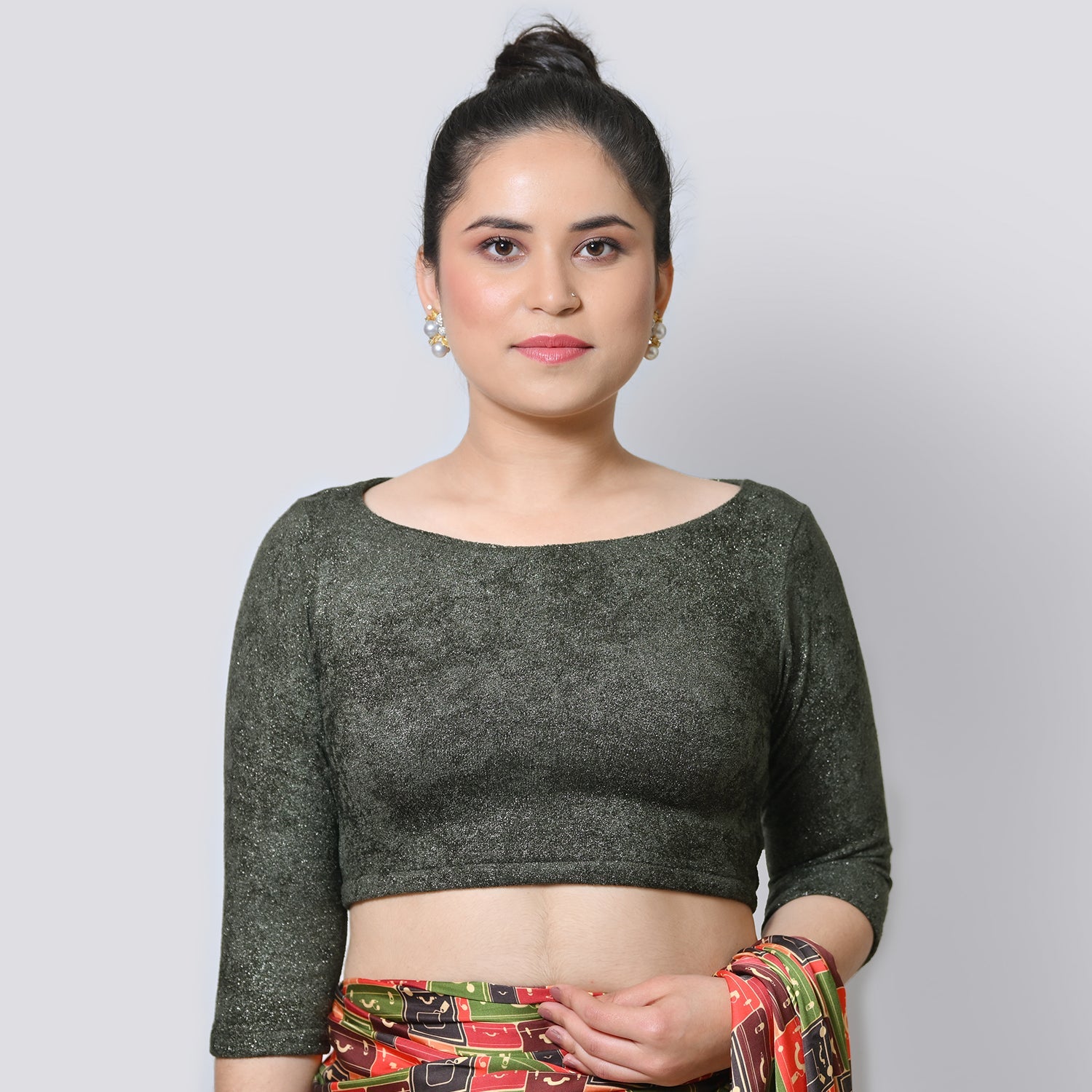 Dark Green Boat Neck Velvet Blouse