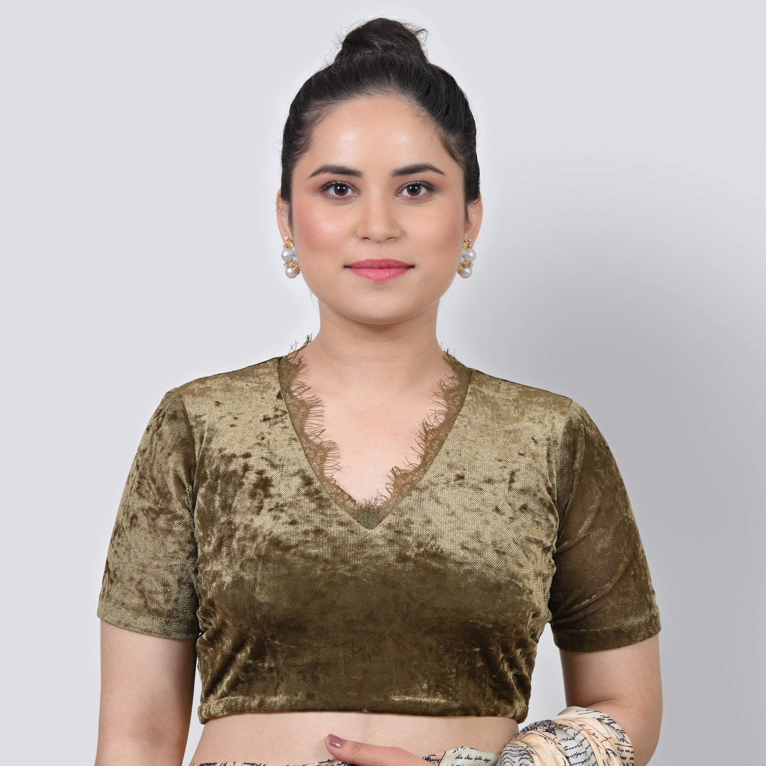 Olive Green Velvet Blouse With Lace