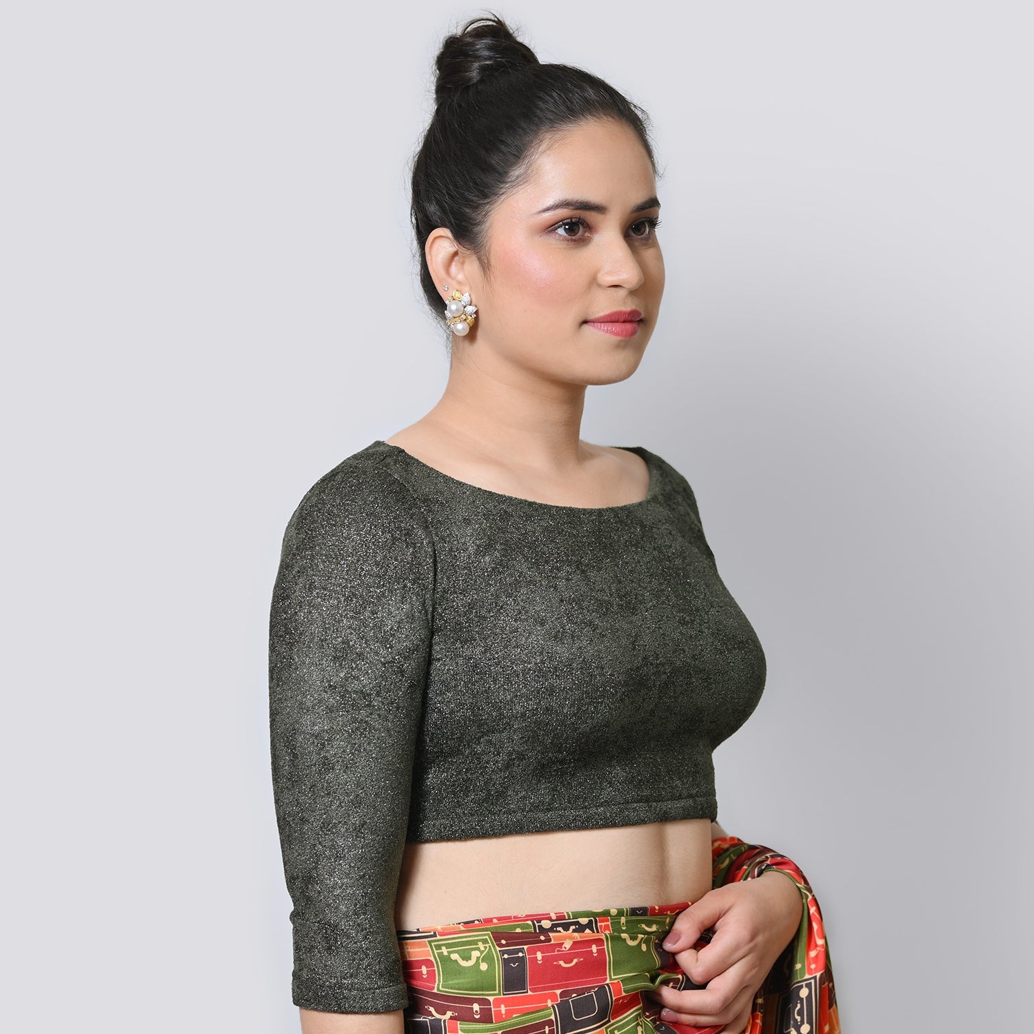 Dark Green Boat Neck Velvet Blouse