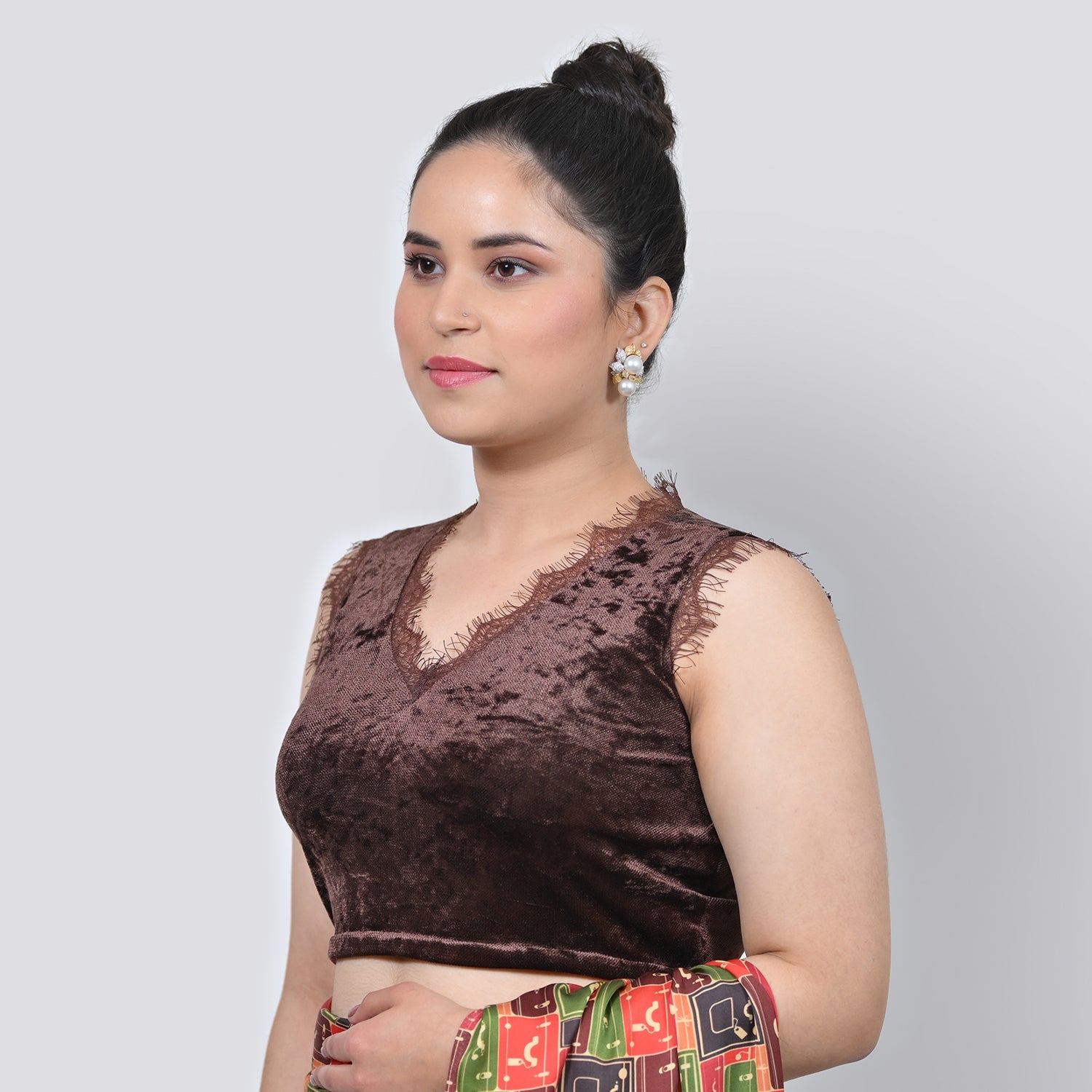 Brown Velvet V Neck Without Sleeves Blouse