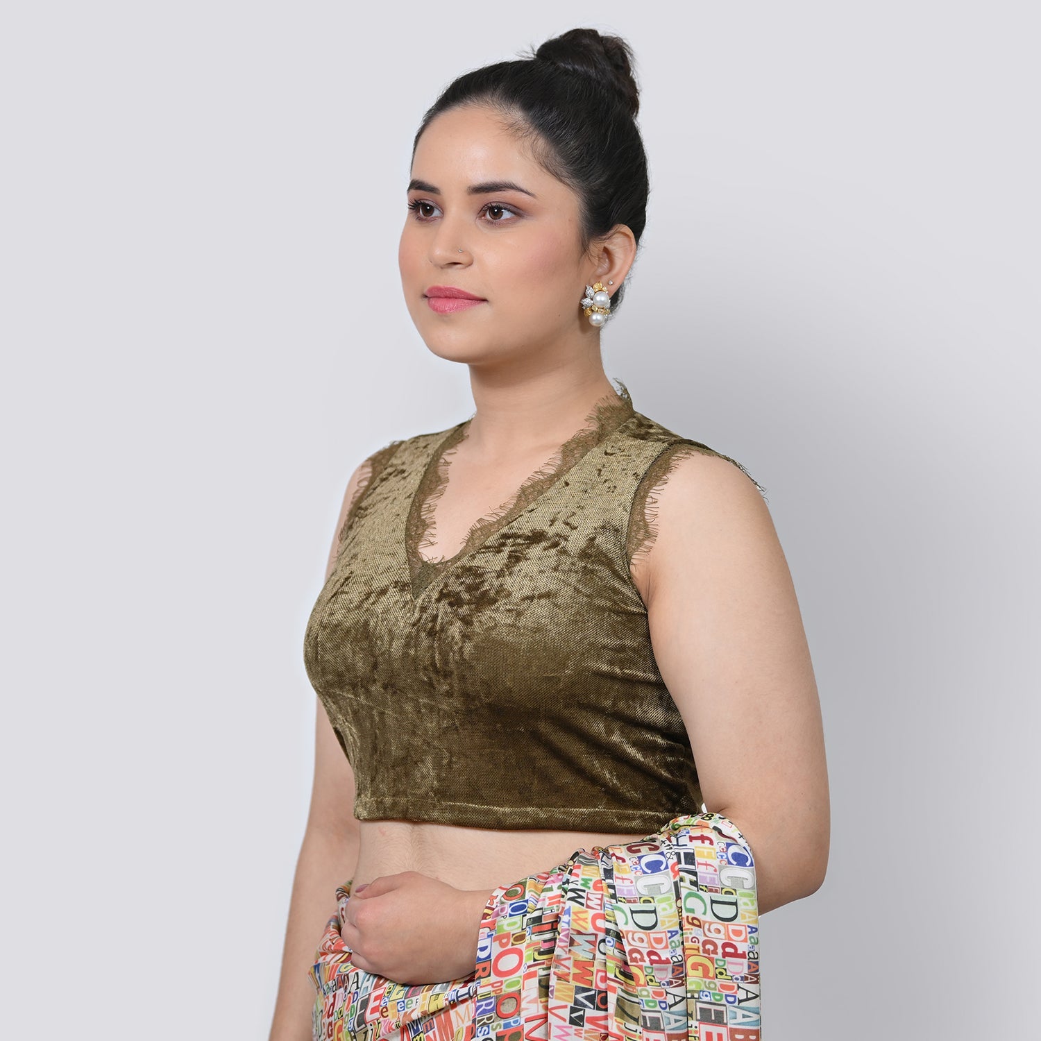 Green Velvet V Neck Without Sleeves Blouse