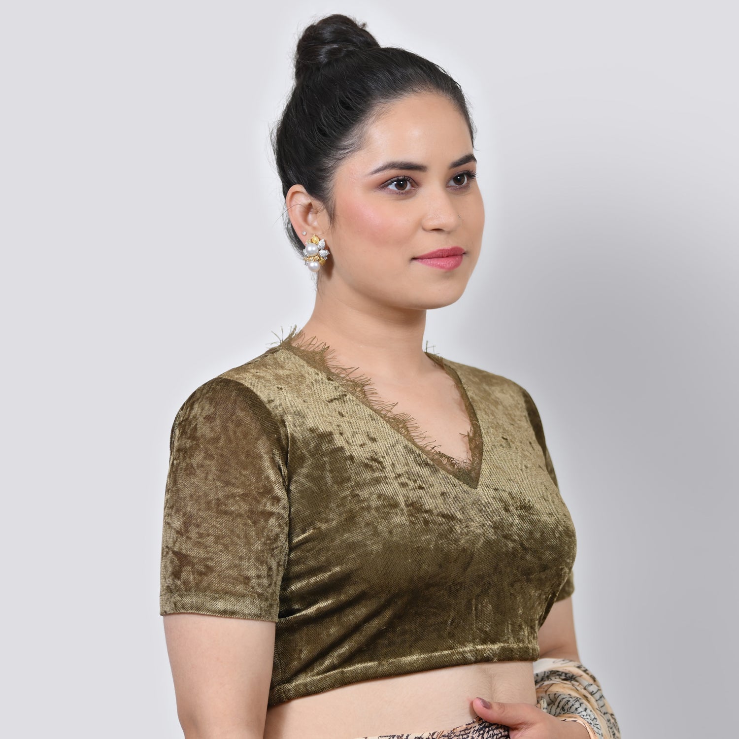 Olive Green Velvet Blouse With Lace