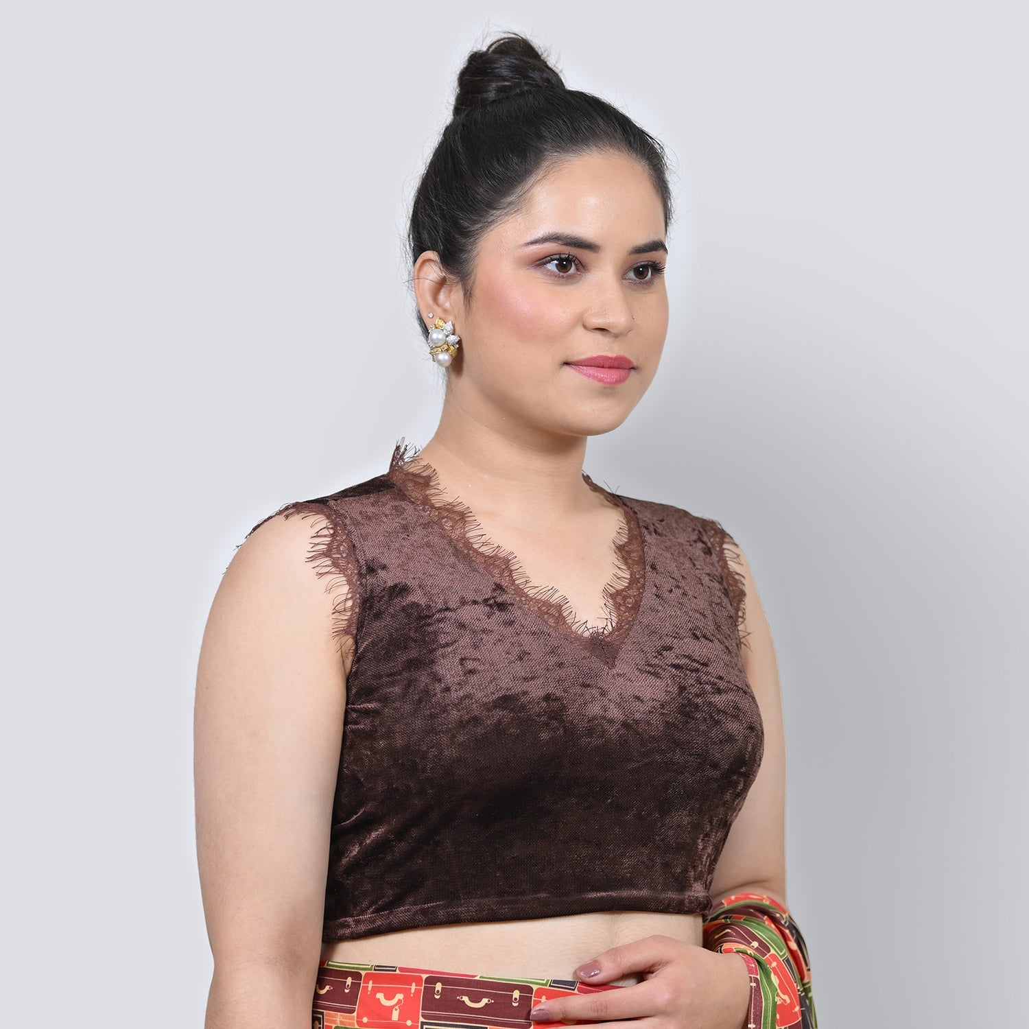 Brown Velvet V Neck Without Sleeves Blouse