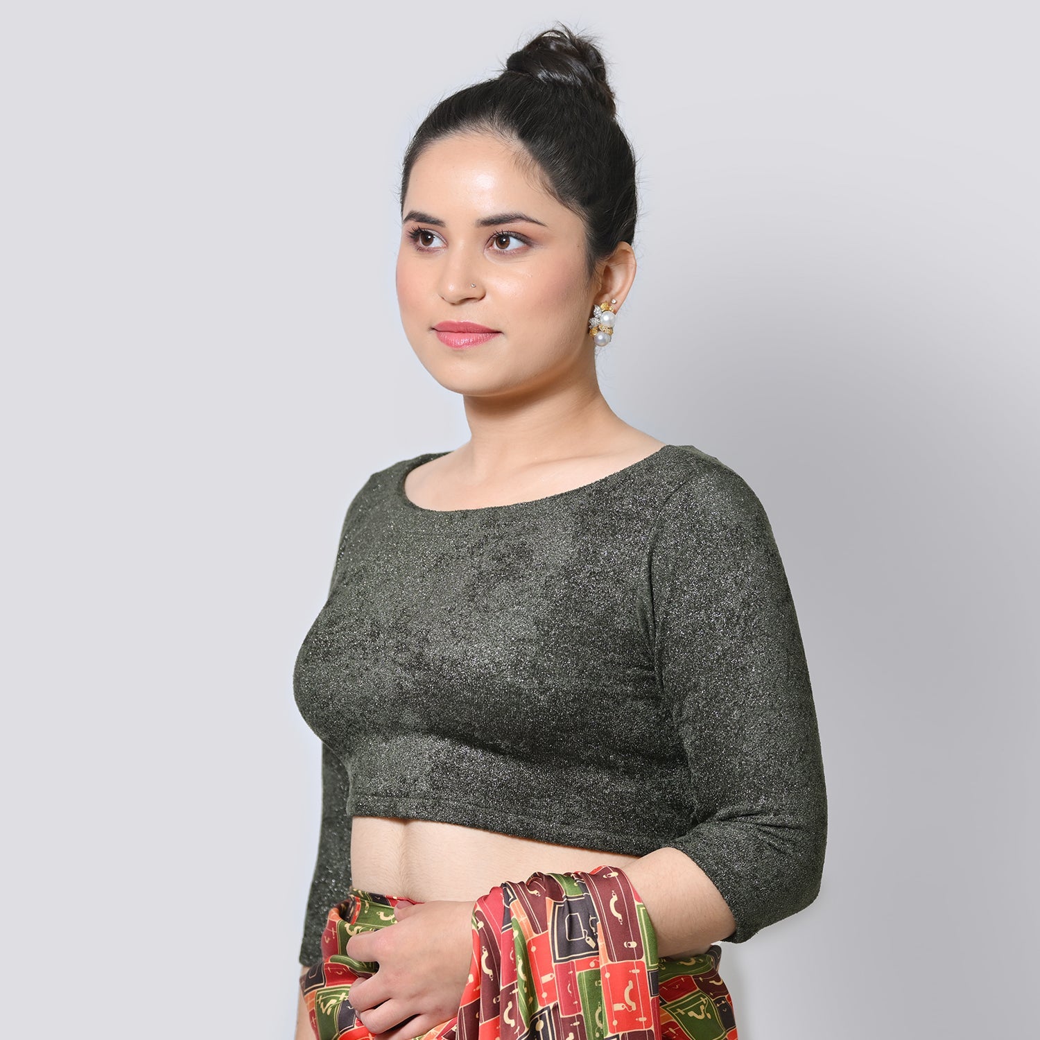 Dark Green Boat Neck Velvet Blouse