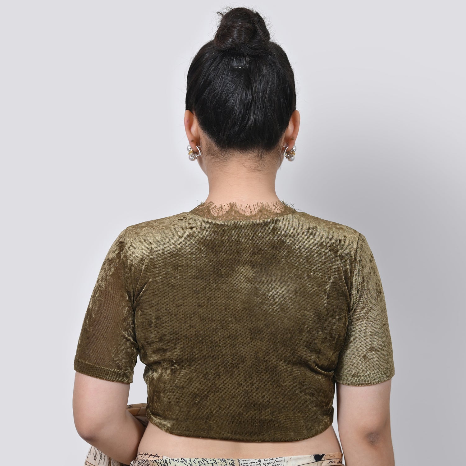 Olive Green Velvet Blouse With Lace