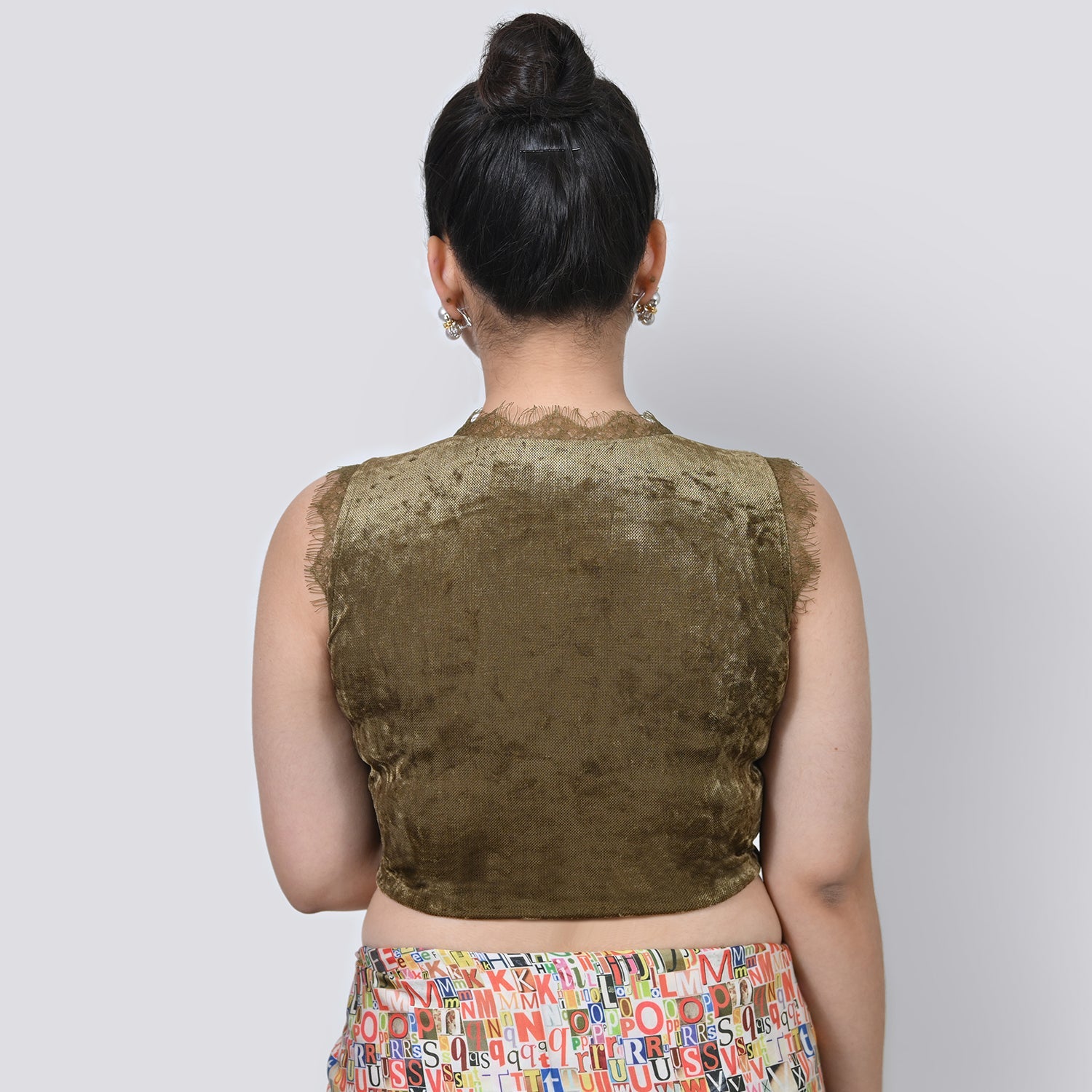 Green Velvet V Neck Without Sleeves Blouse