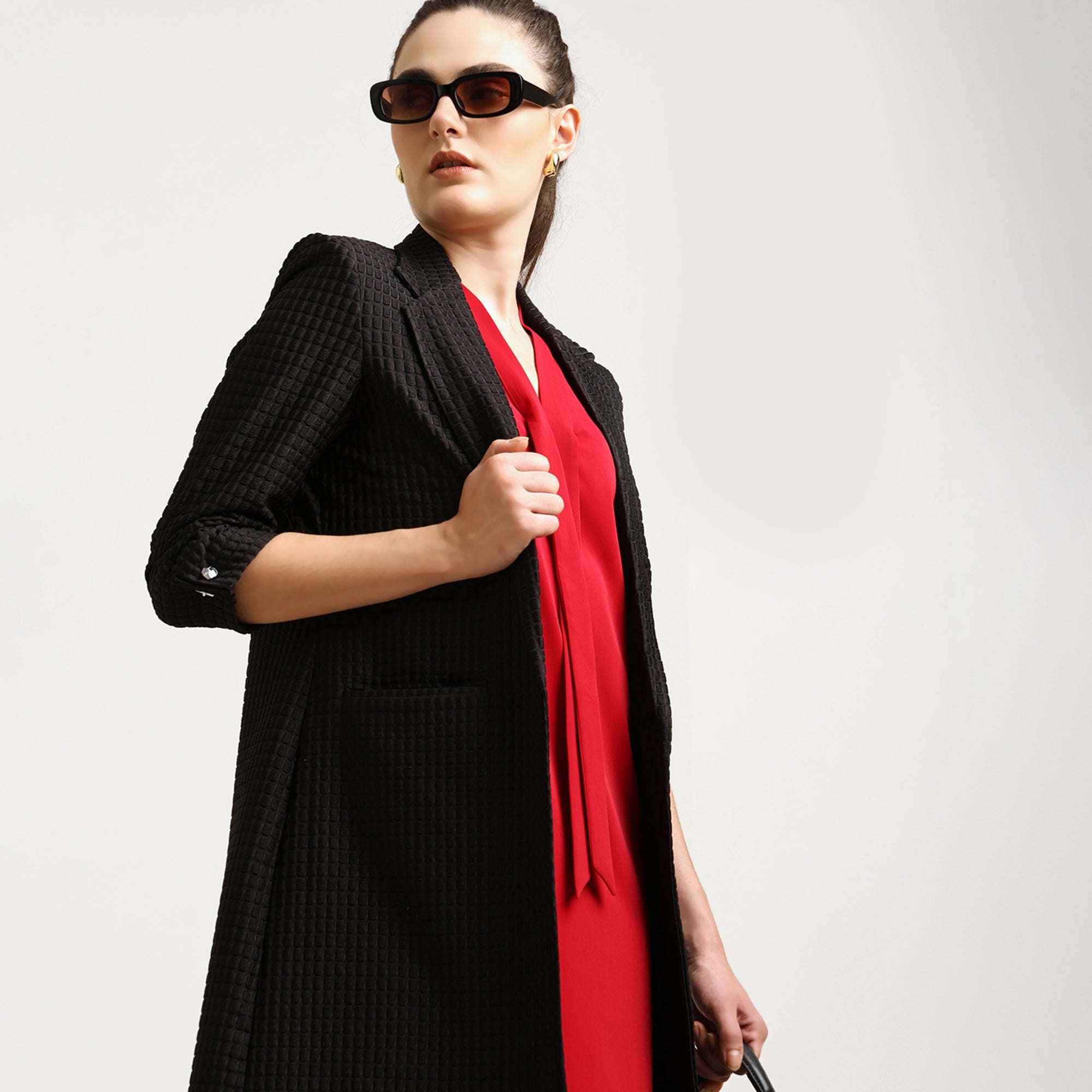 Black Textured Over Coat With Cufflinks