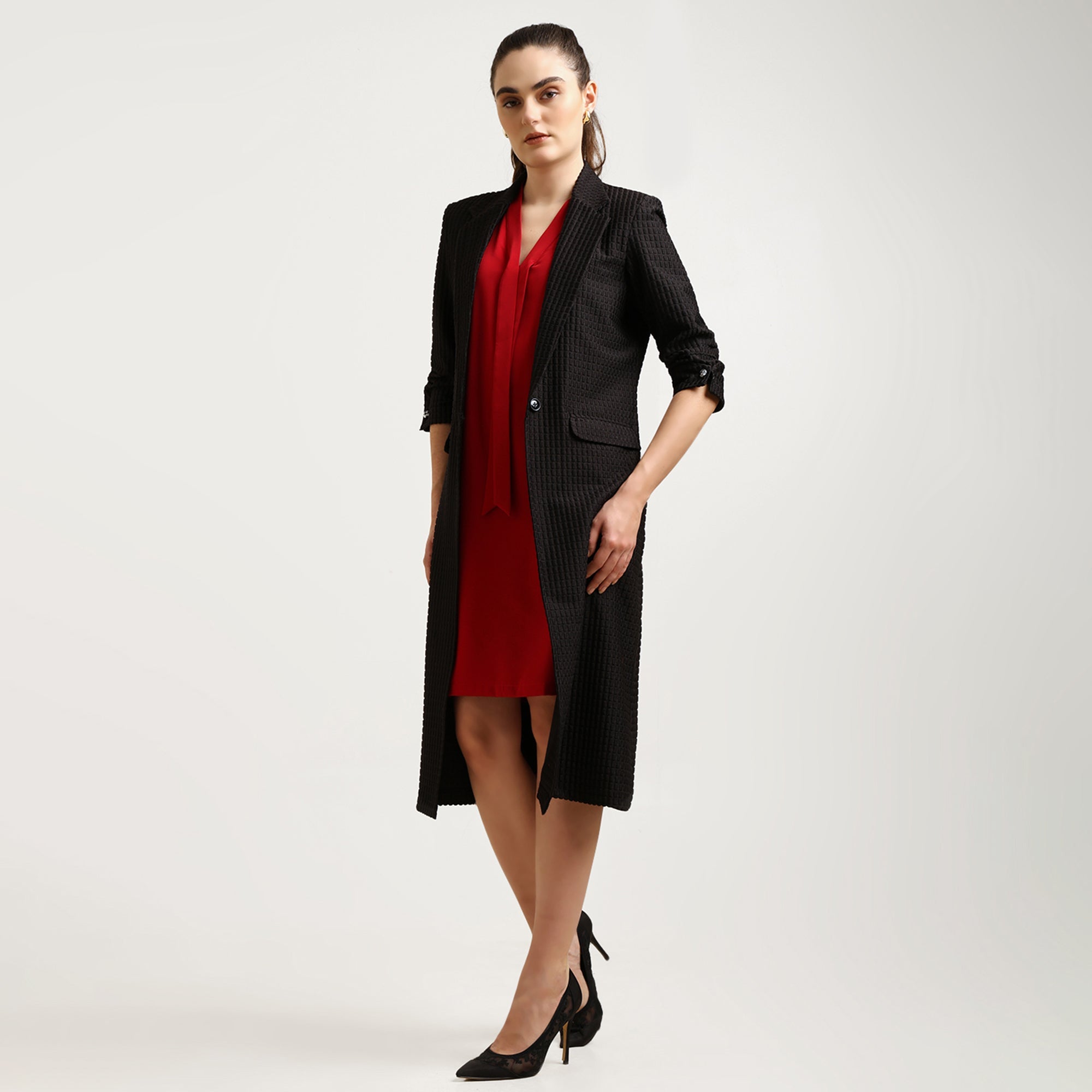 Black Textured Over Coat With Cufflinks