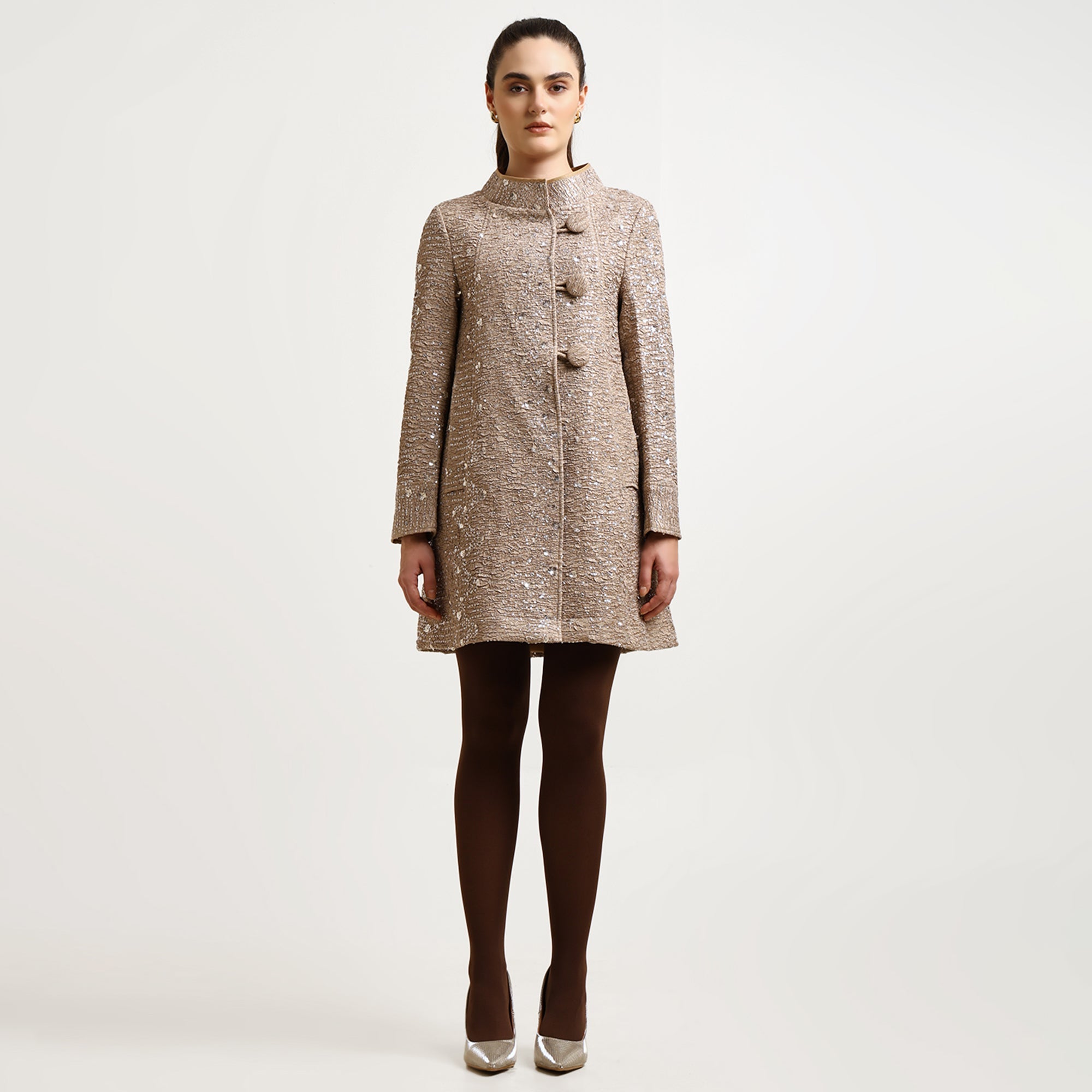 Beige Textured Sequence Over Coat