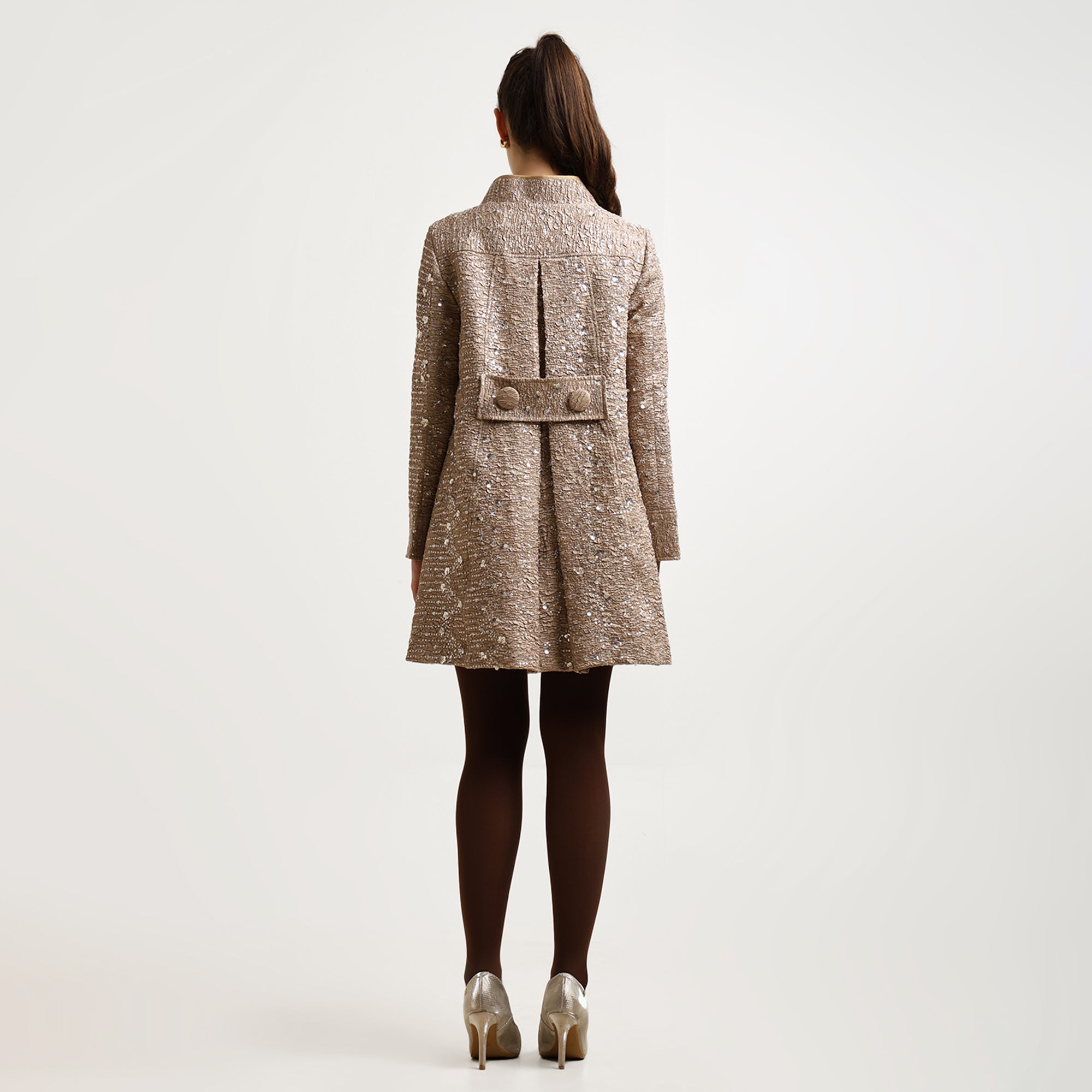 Beige Textured Sequence Over Coat