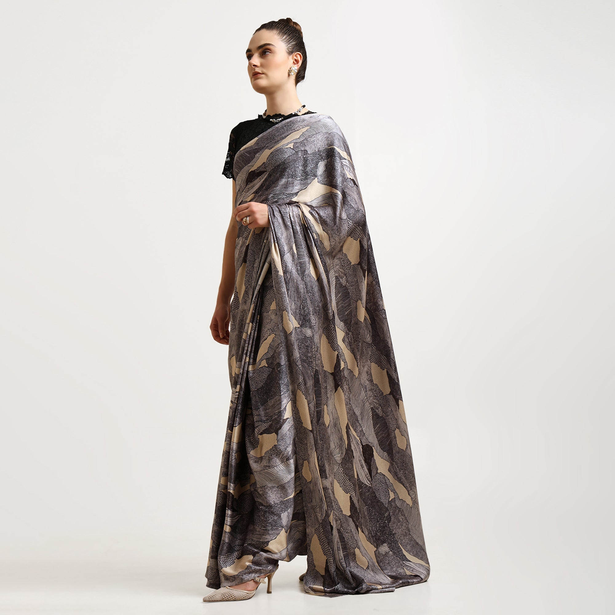 Black Abstract Satin Print Saree