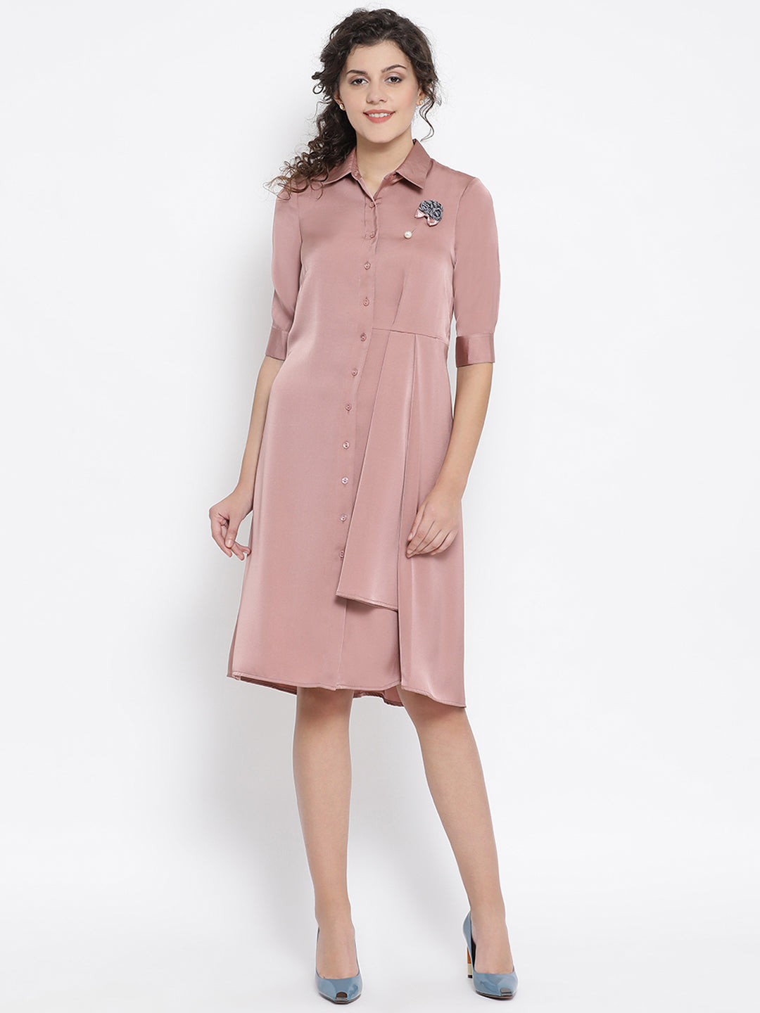 Pink Satin Drape Dress With Grey Flower Bunch Broach