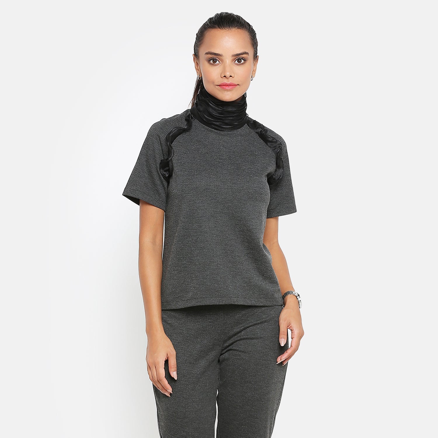 Dark Grey Cowl Neck Top with Organza