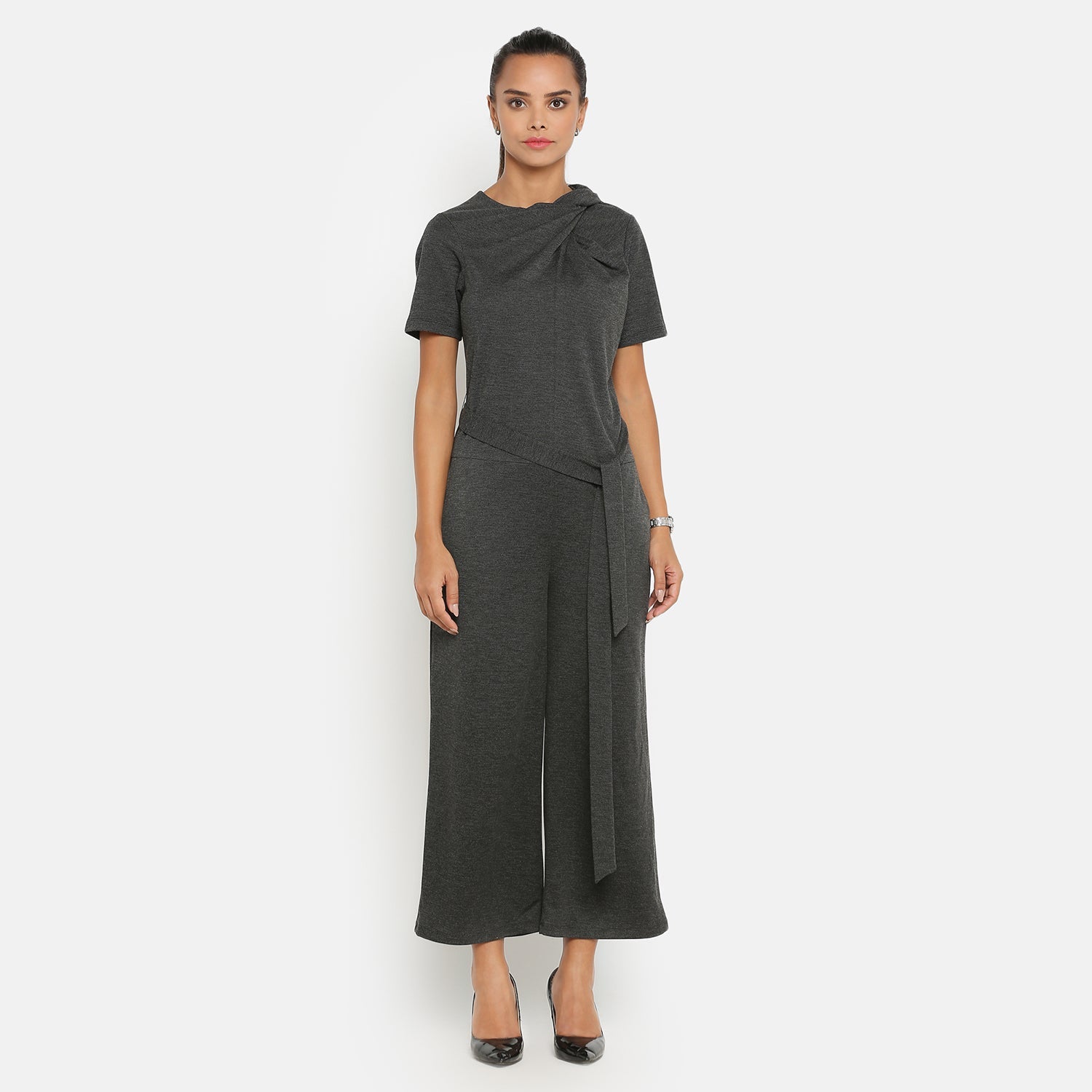 Dark Grey Drape Jumpsuit With Knit