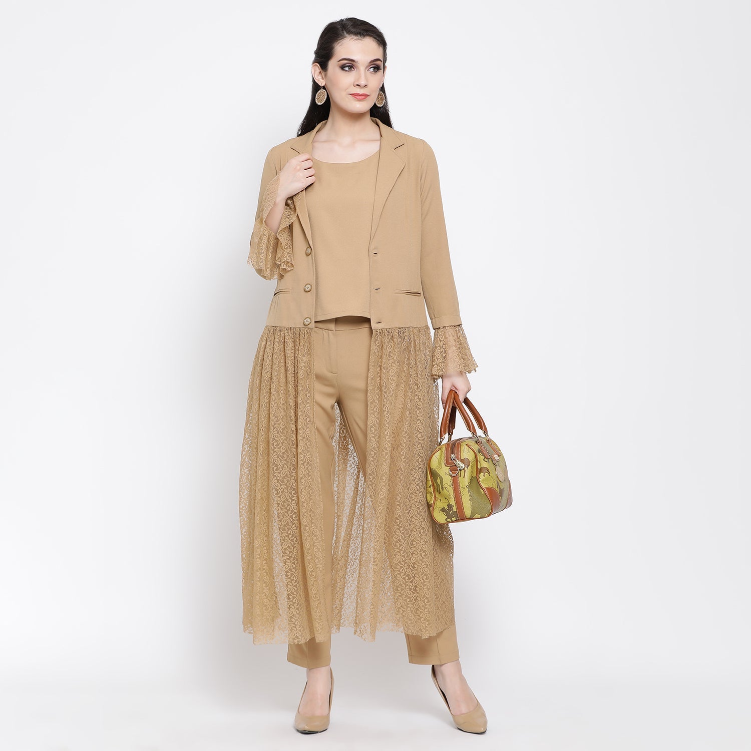 Beige Flower Net Jacket for Women