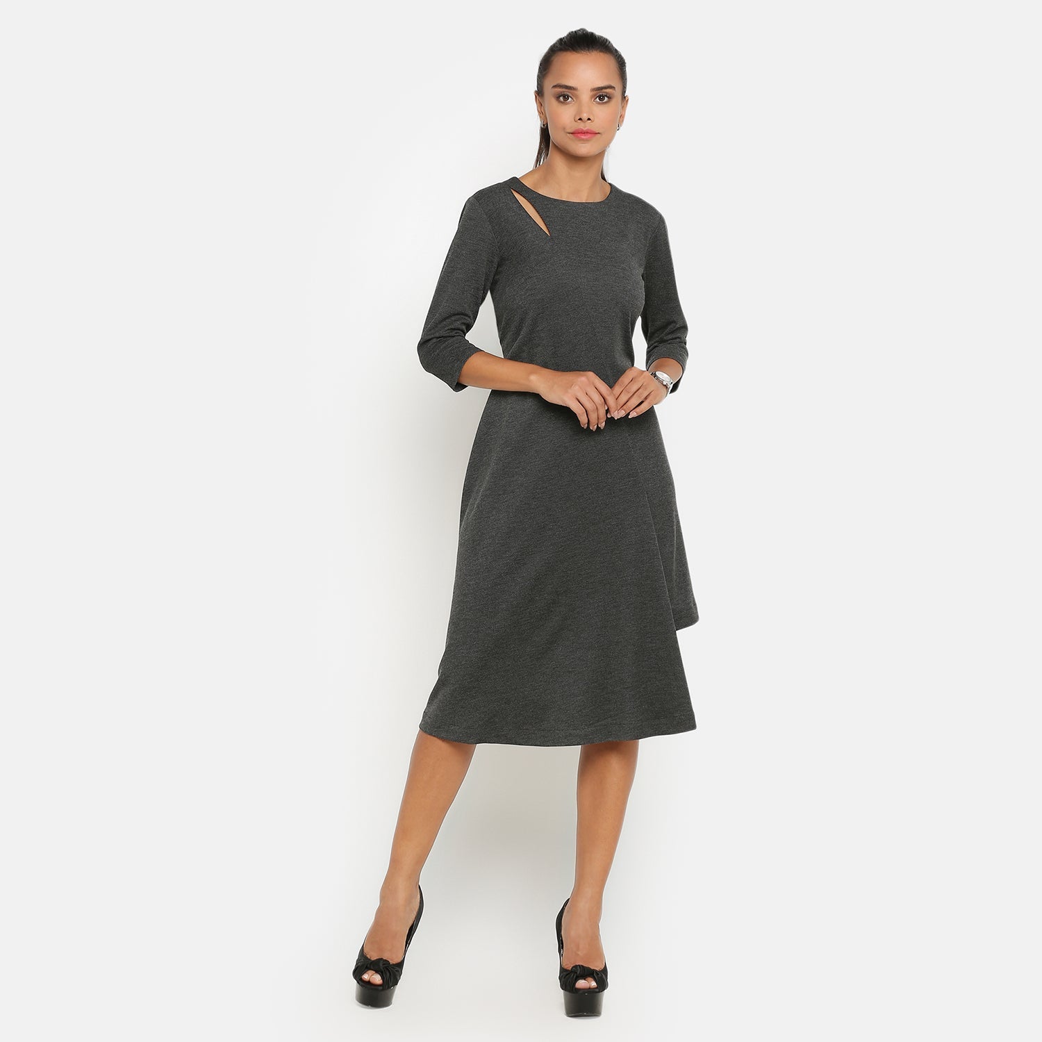 Dark Grey Knit Keyhole Asymmetric Dresses for Ladies -1