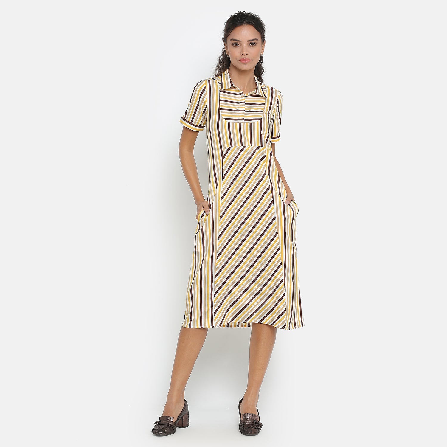 Yellow & Brown Stripe Short Dresses for Women-1