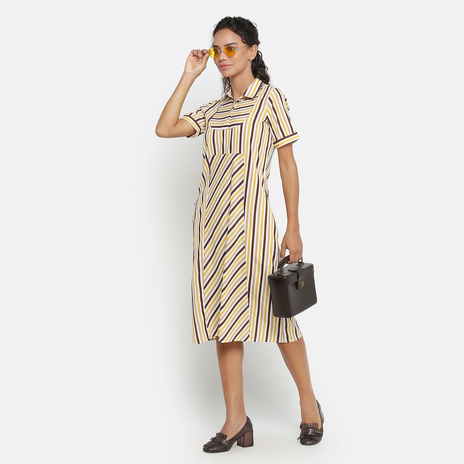 Yellow & Brown Stripe Short Dresses for Women
