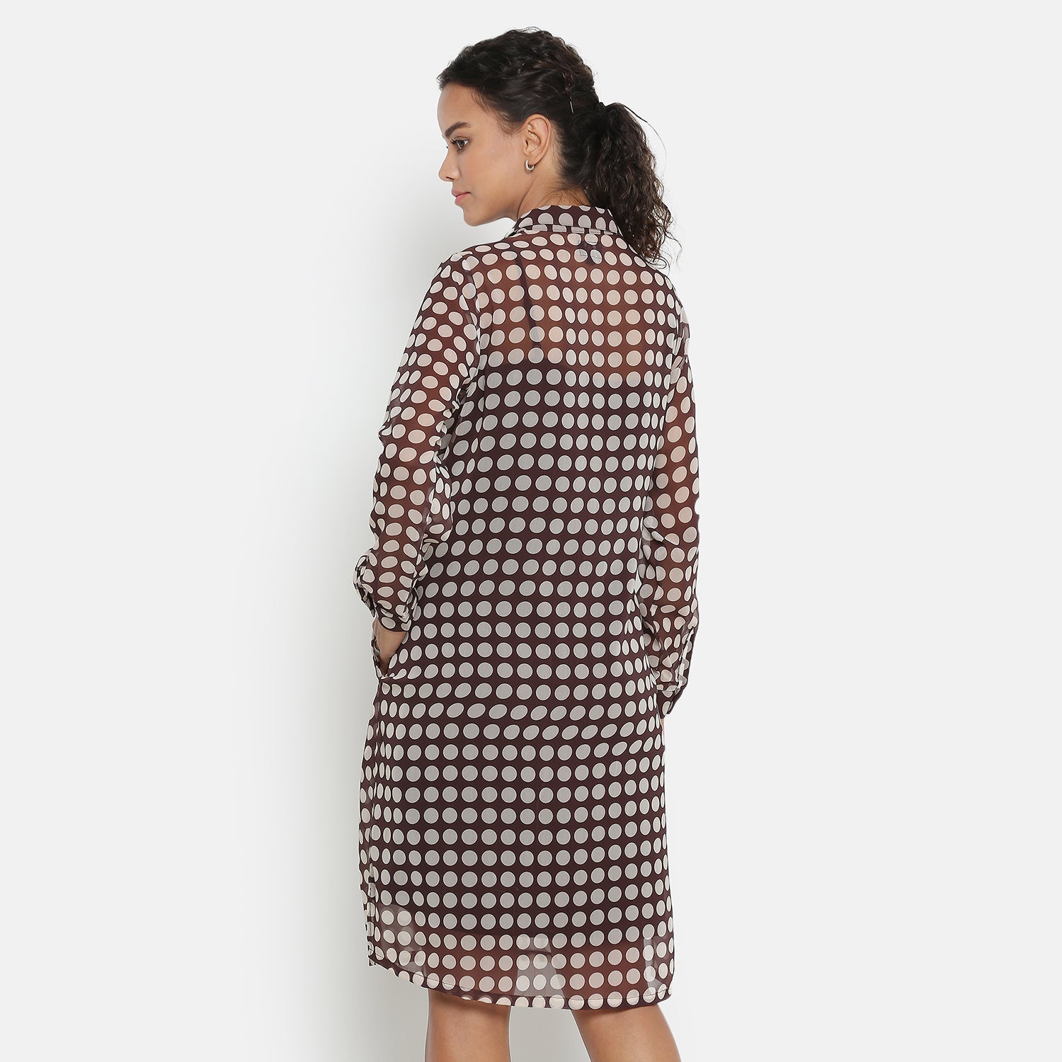 Brown Georgette Polka Dot Long Tunic for Women-1