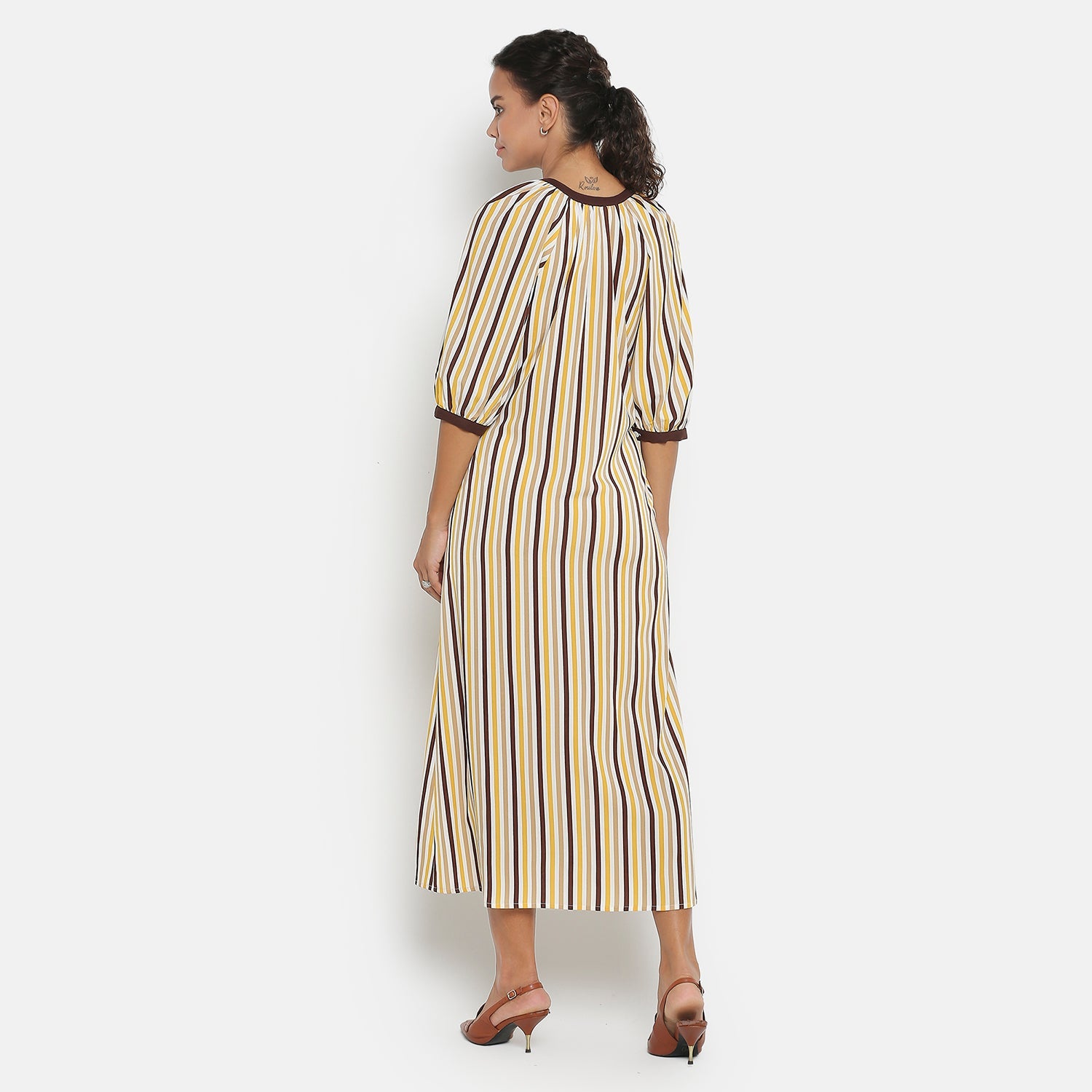 Yellow & Brown Stripe Dress With Puff Sleeves