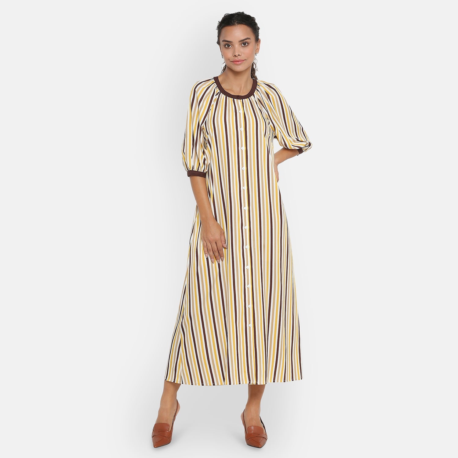 Yellow & Brown Stripe Dress With Puff Sleeves