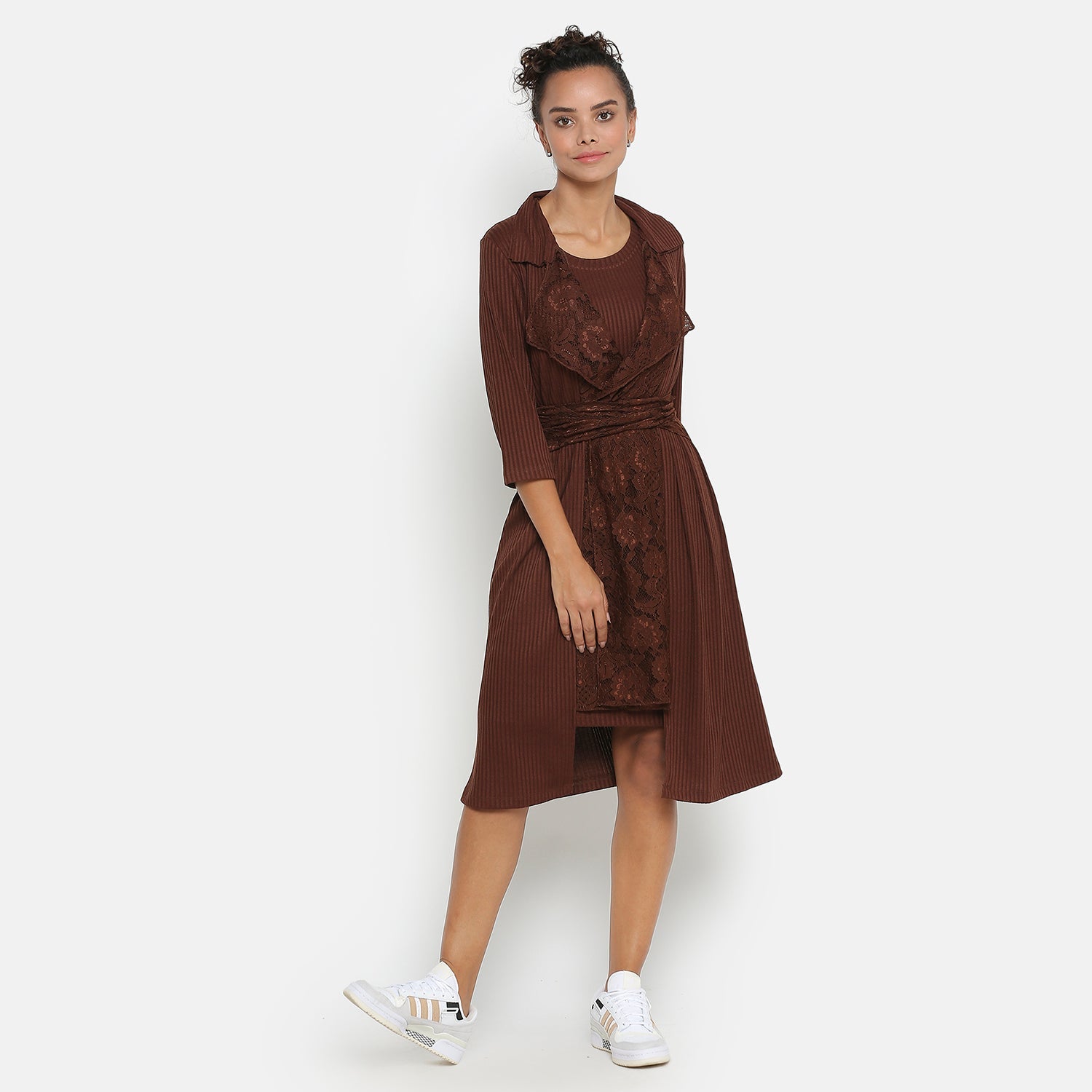 Brown Ribbed Long Shrug for Women-1