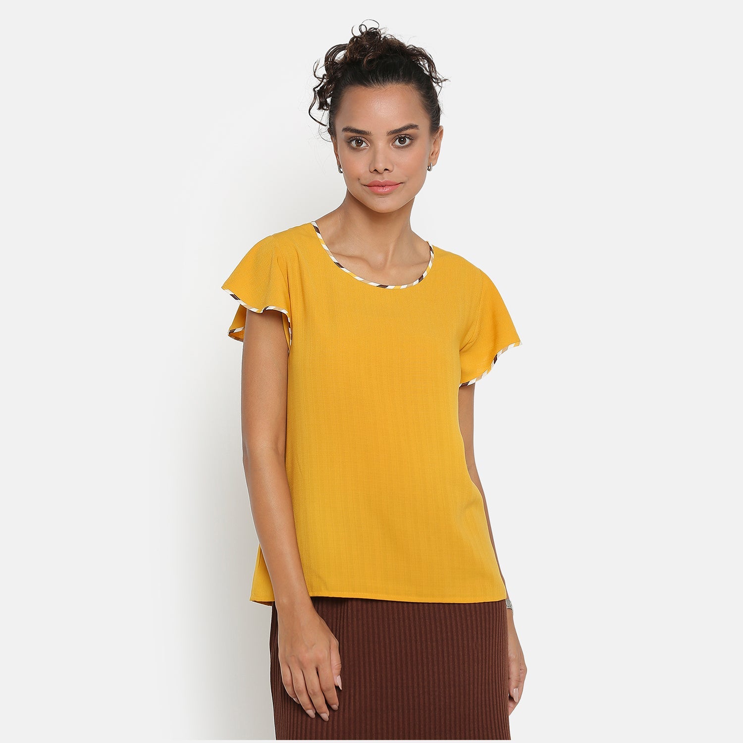 Yellow Top with Side Frill and Contrast Piping