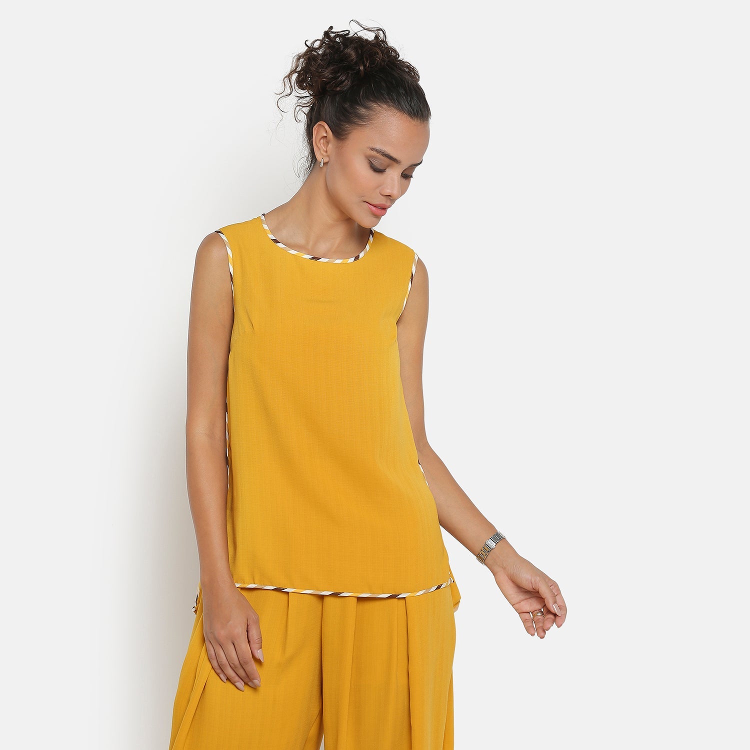 Yellow Sleeveless Top with Contrast Piping