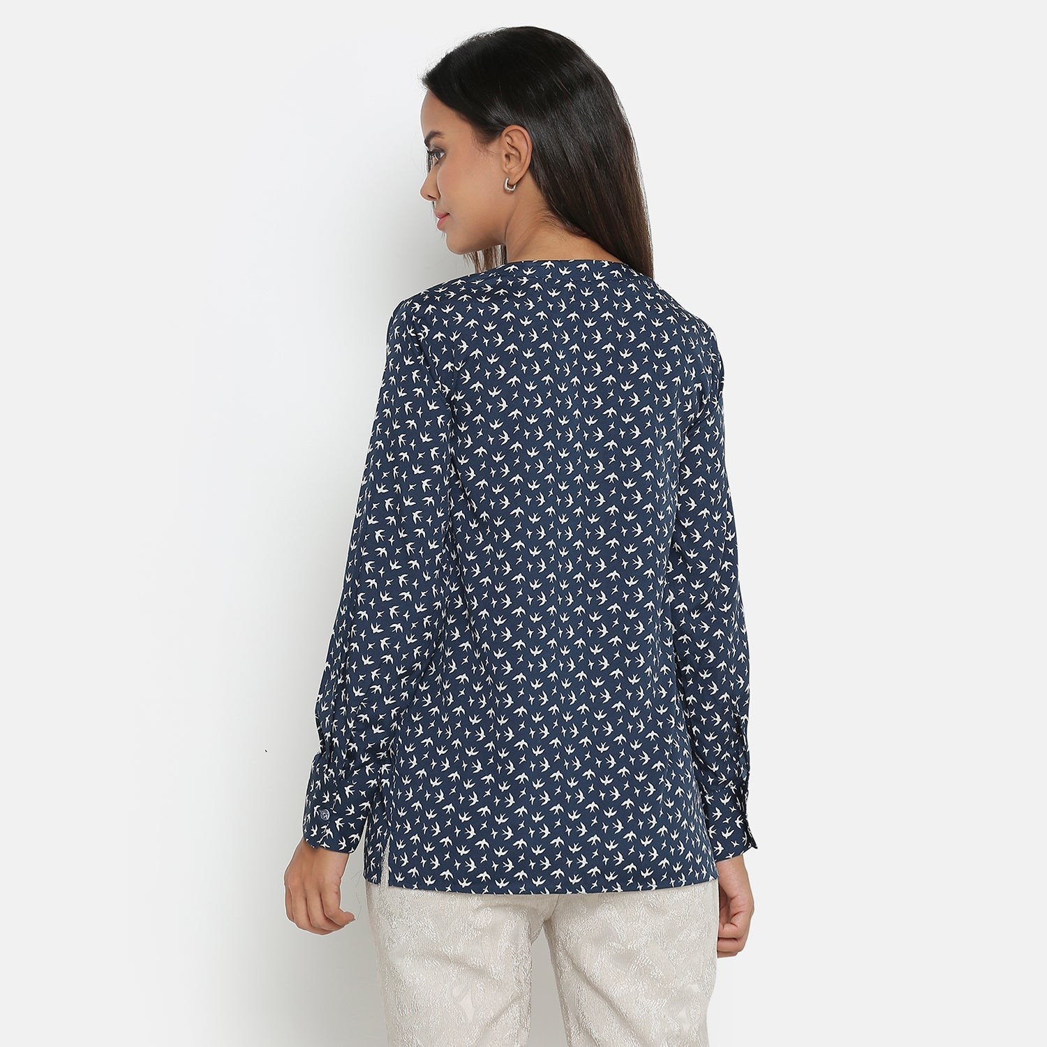 Blue Bird Printed Top With Mandarin Collar