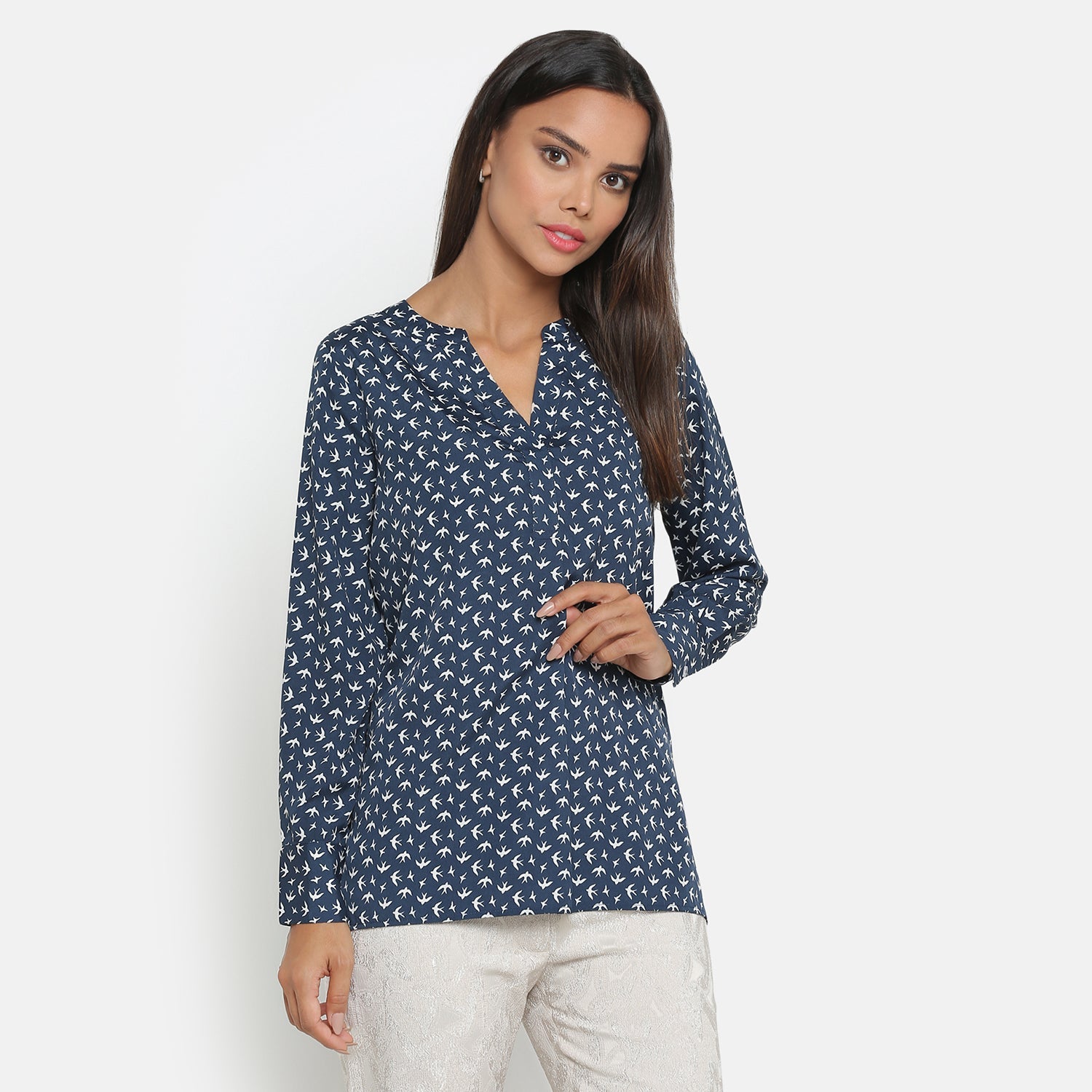 Blue Bird Printed Top With Mandarin Collar