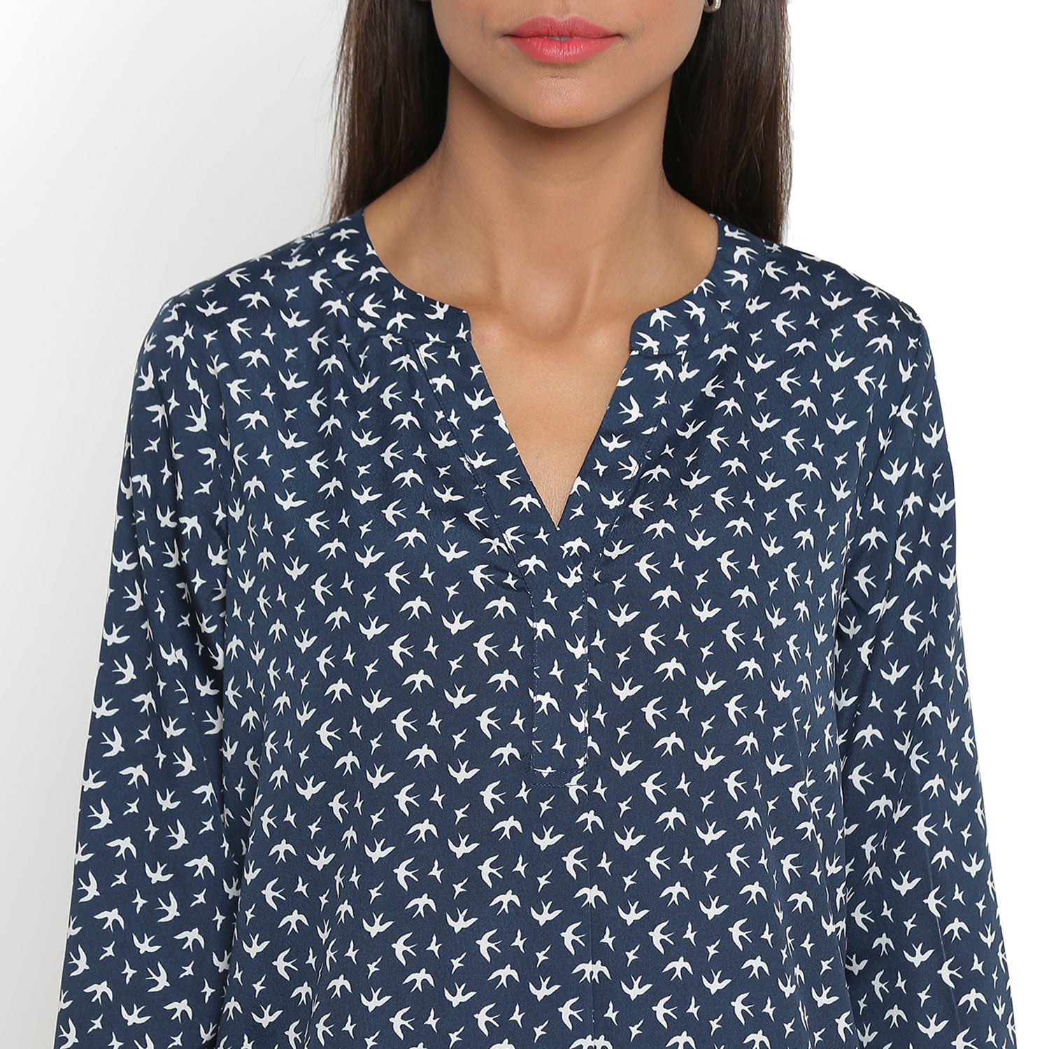 Blue Bird Printed Top With Mandarin Collar
