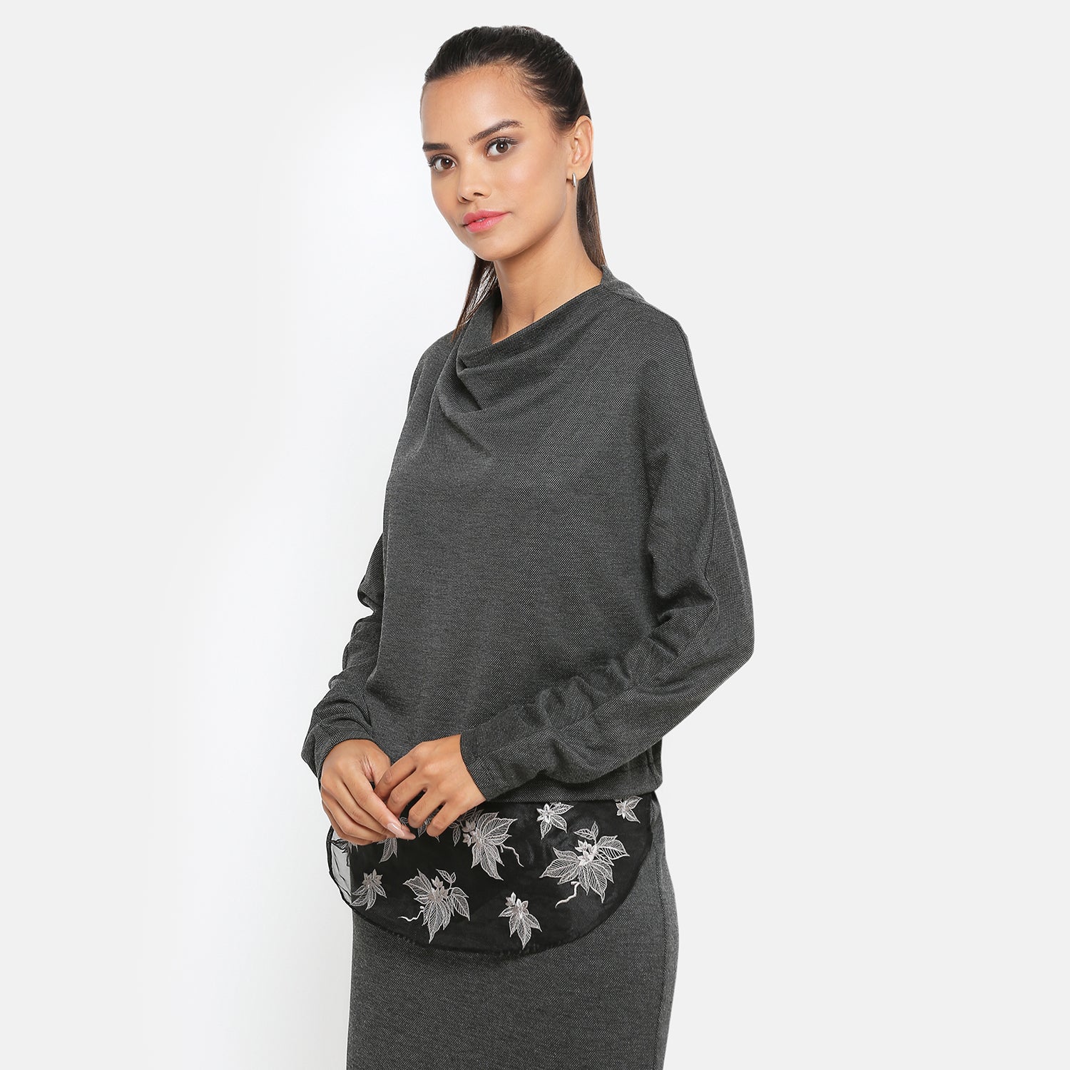 Dark Grey Top With Organza Embroidery