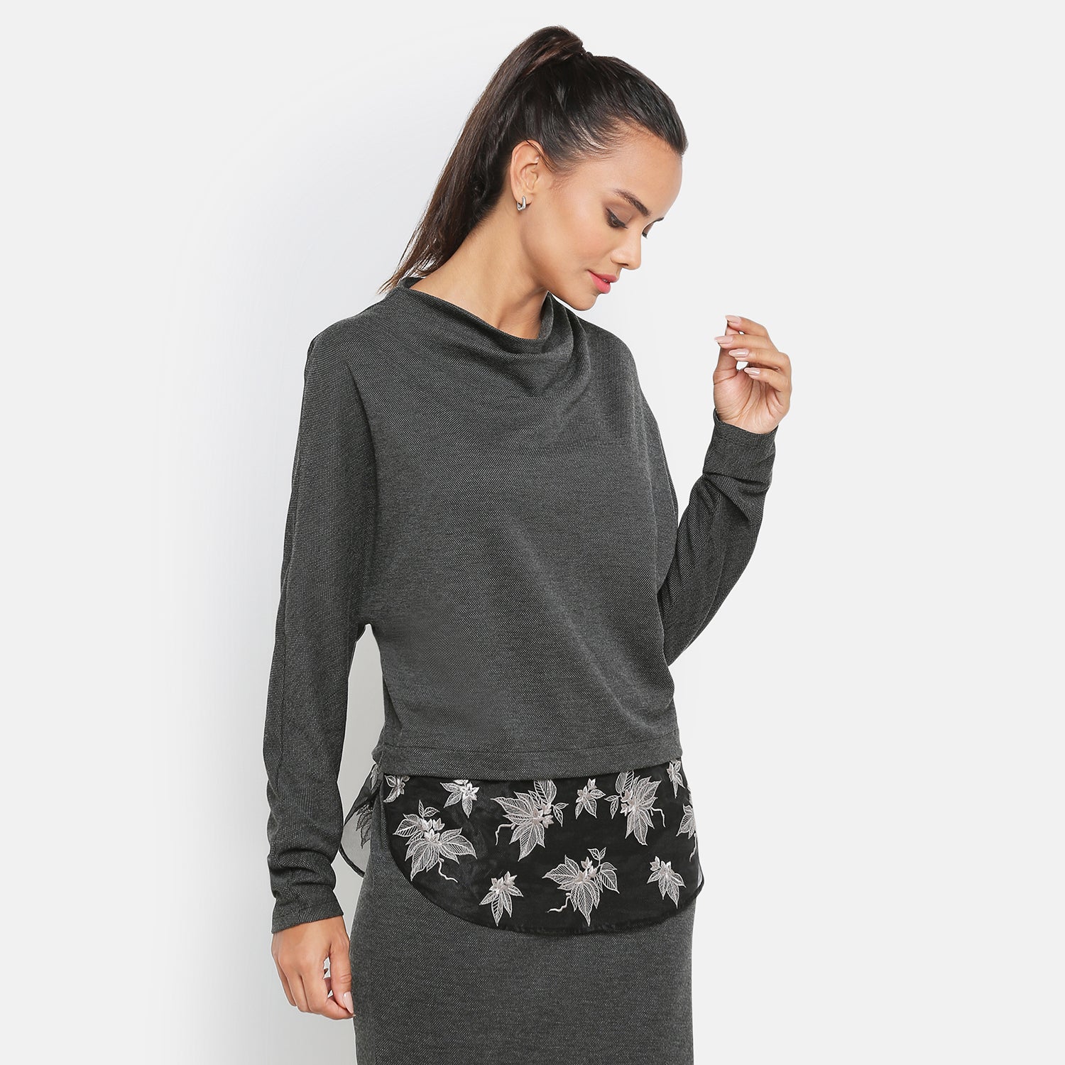 Dark Grey Top With Organza Embroidery