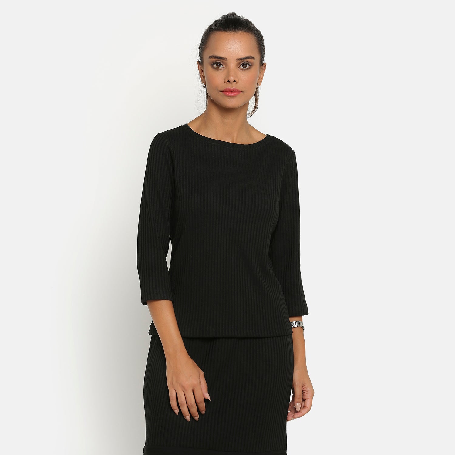 Black Ribbed Top with Sleeves for Women