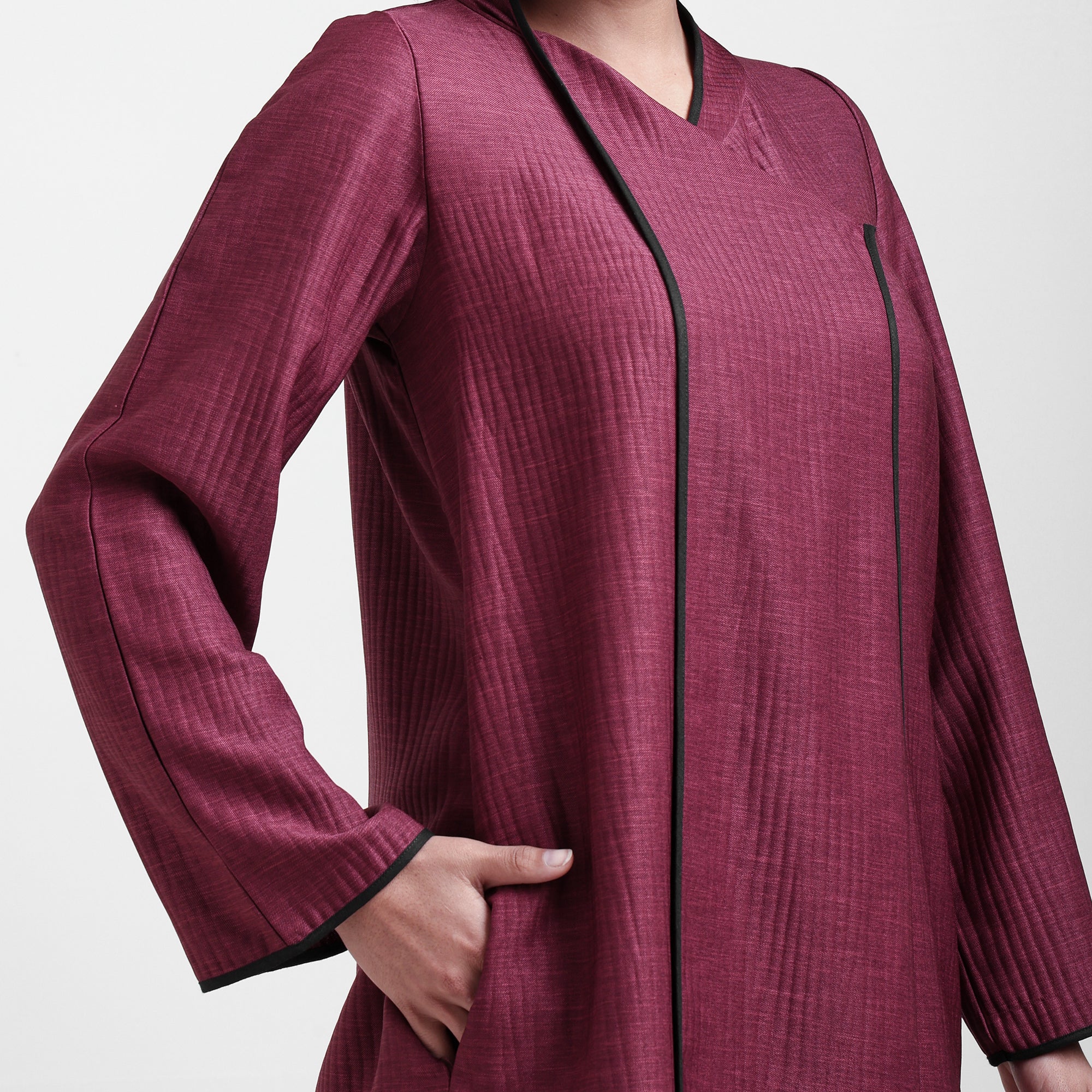 Wine Textured Overlap Kurta With Black Piping