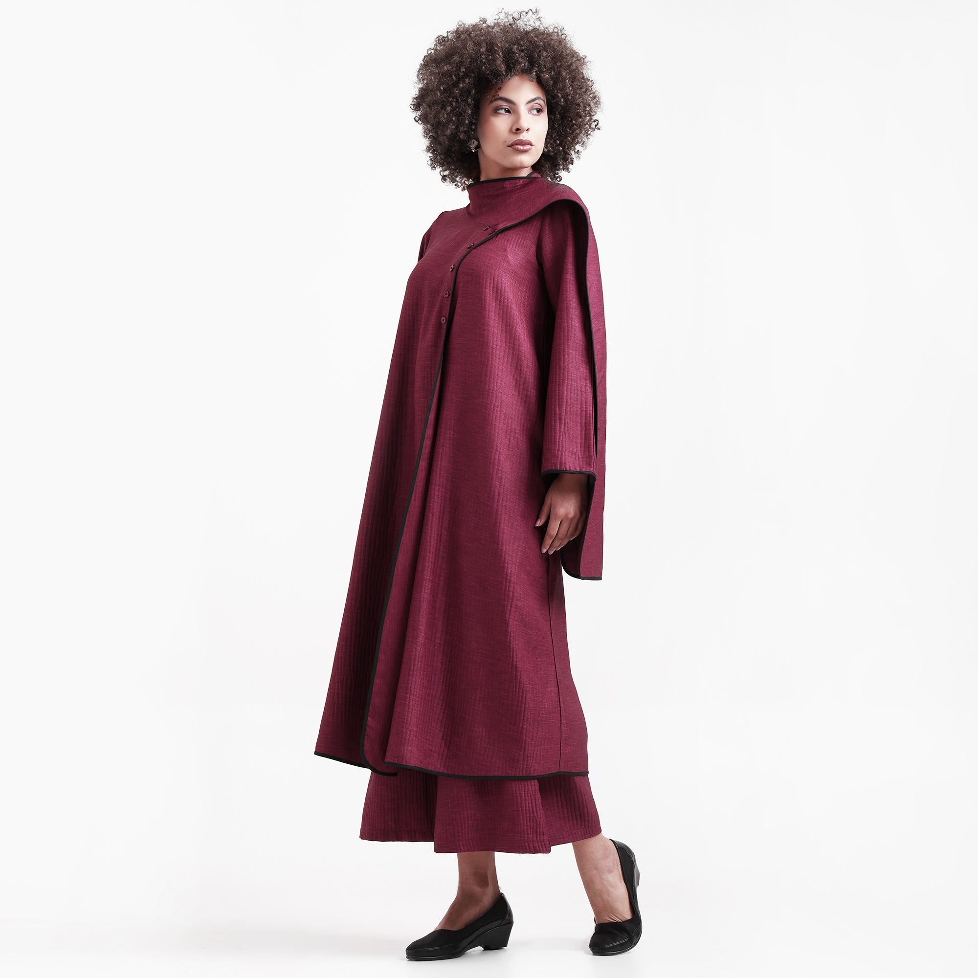 Wine Textured Overlap Kurta With Black Piping