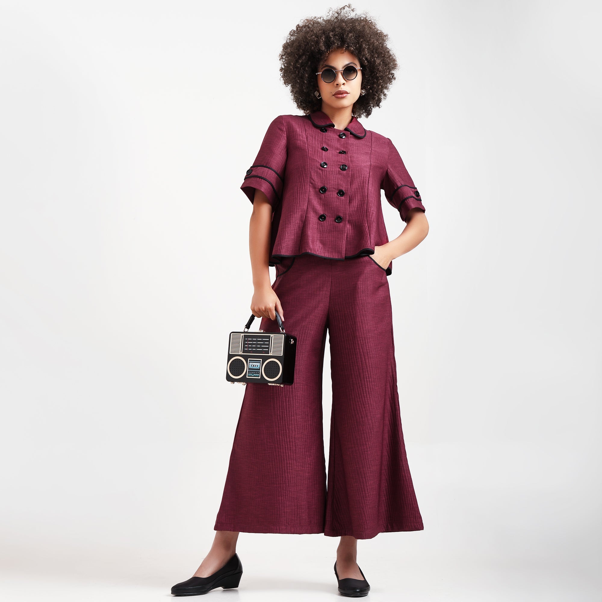 Wine Textured Top With Black Piping