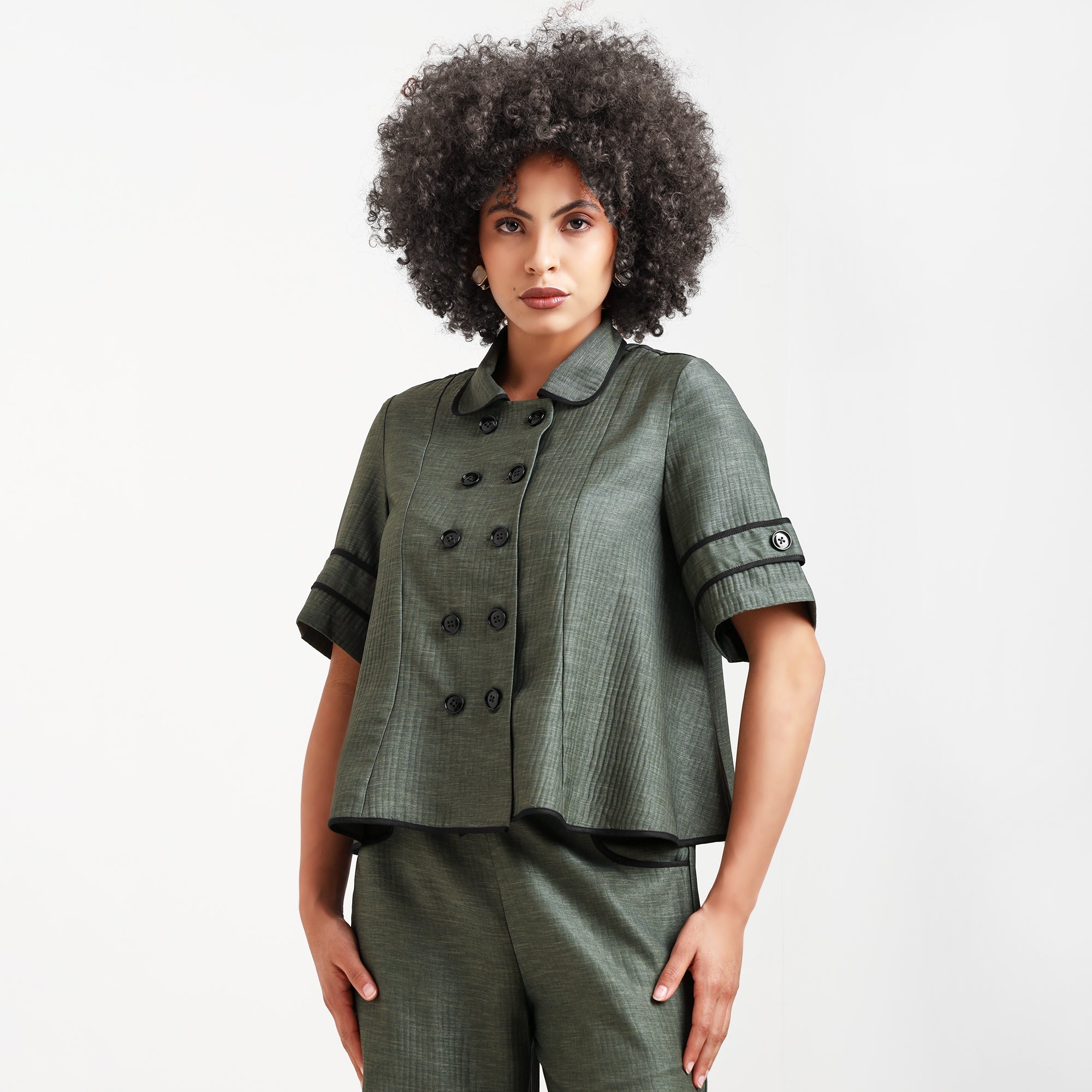 Olive Green Overlap Textured Top With Black Piping