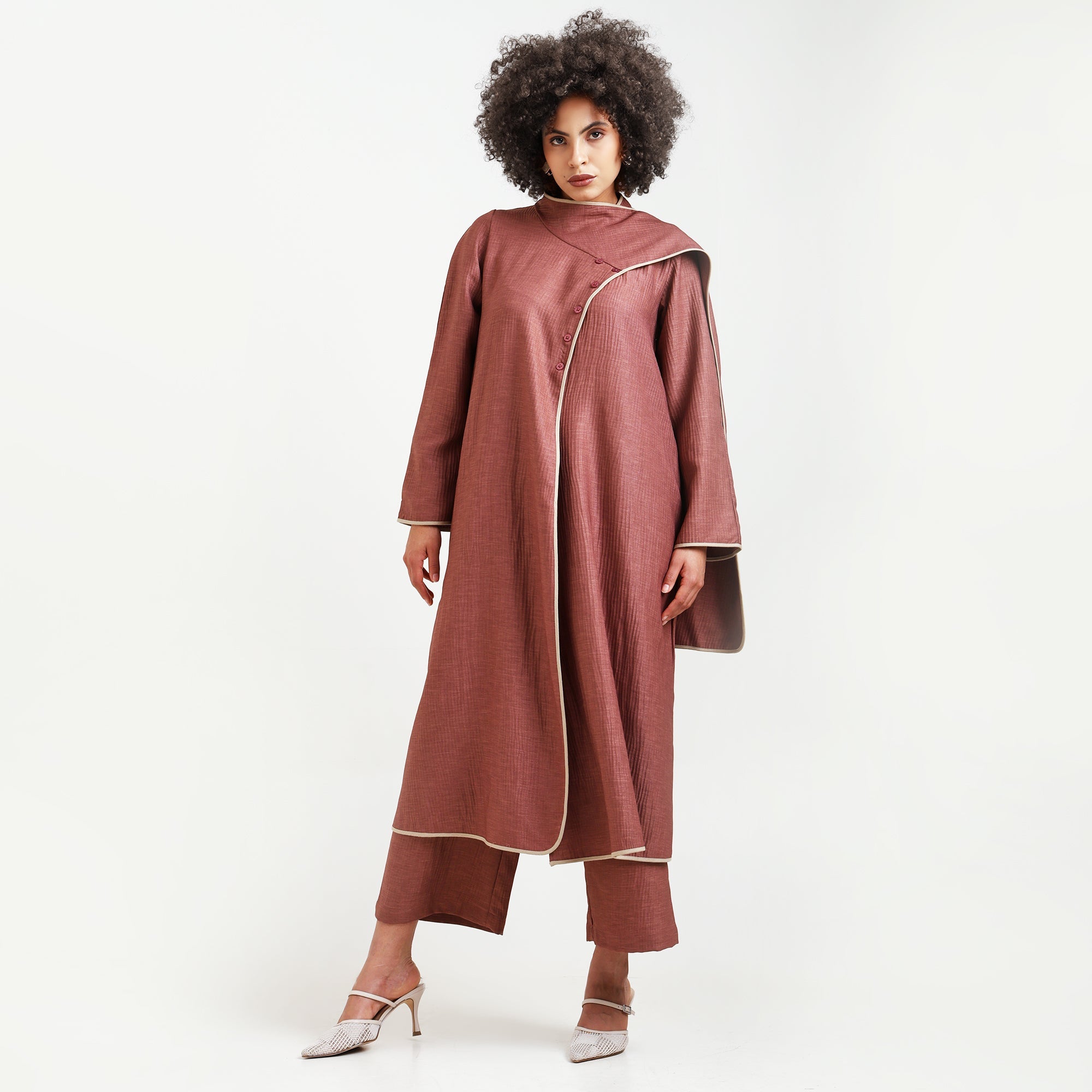 Peach Textured Overlap Kurta With Beige Piping