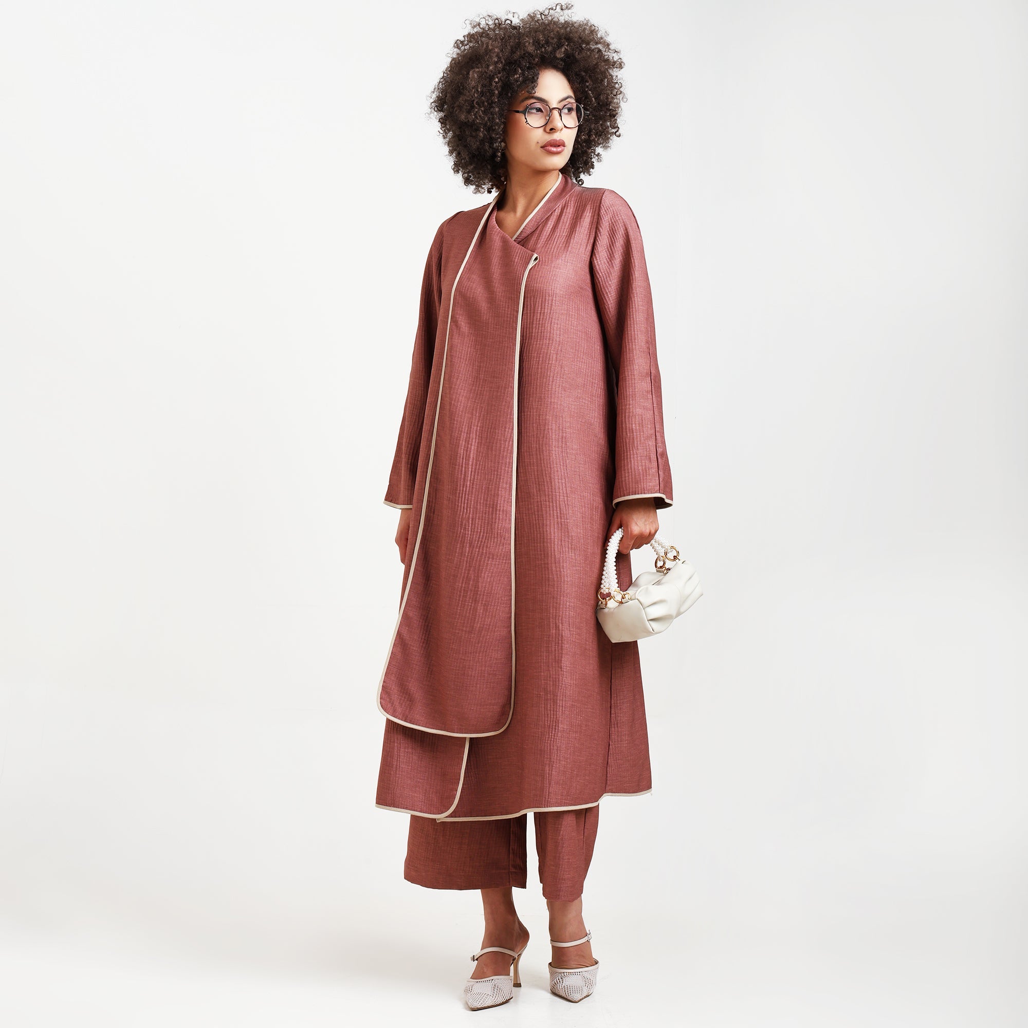 Peach Textured Overlap Kurta With Beige Piping