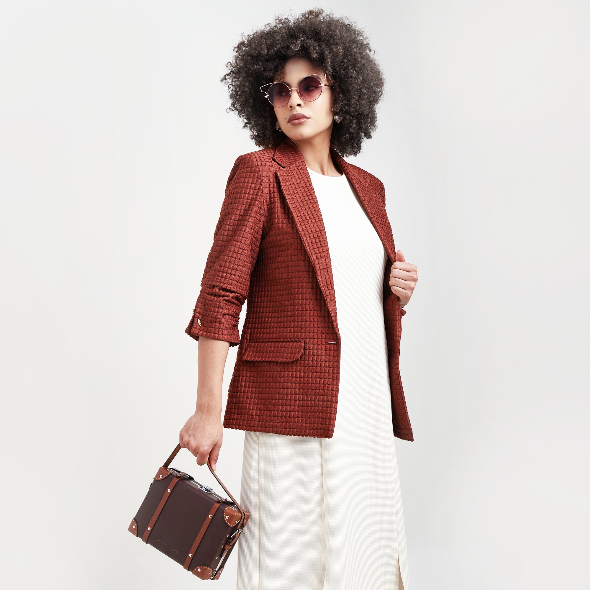 Brown Square Textured Jacket With Cufflinks