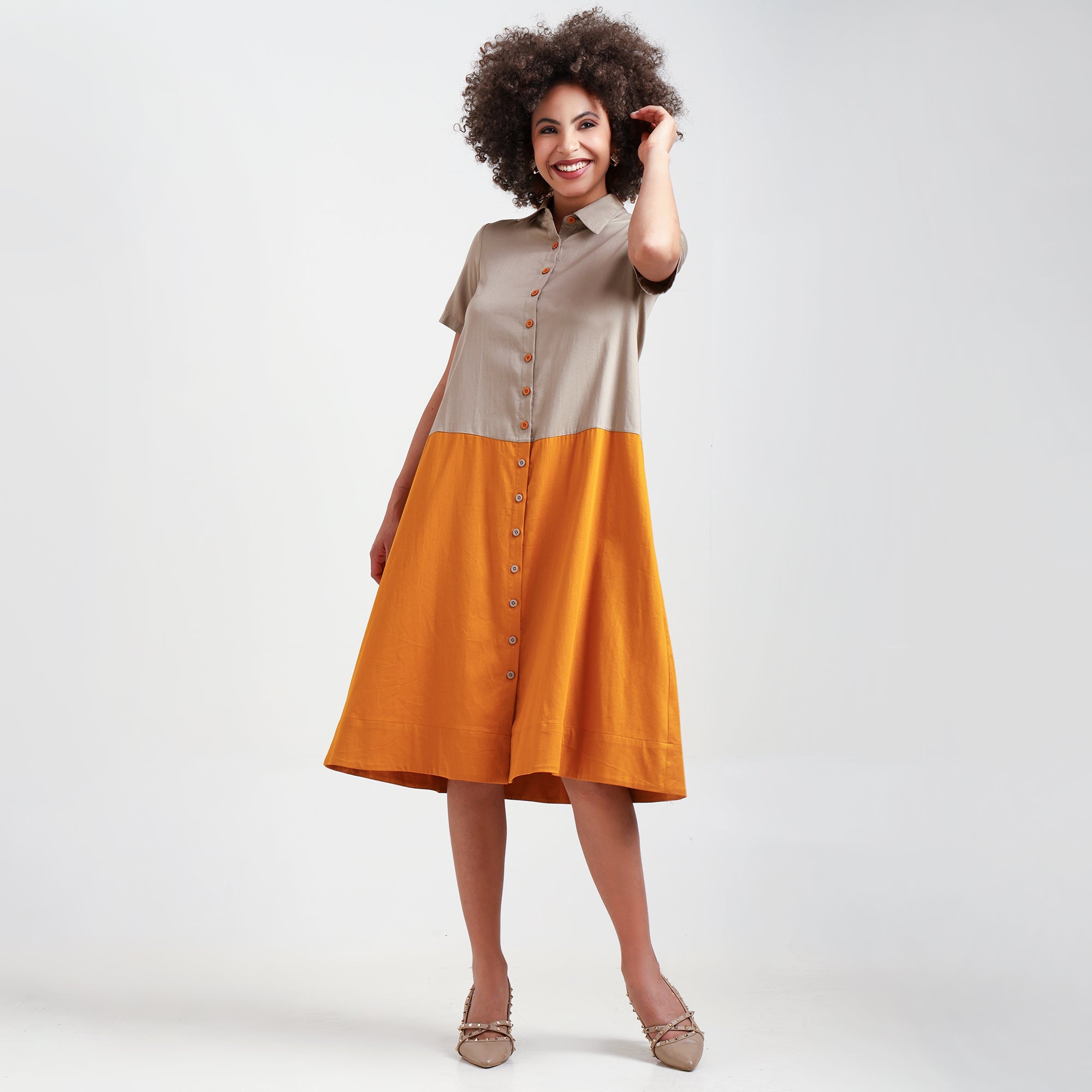 Yellow & Beige A-Line Cotton Dress