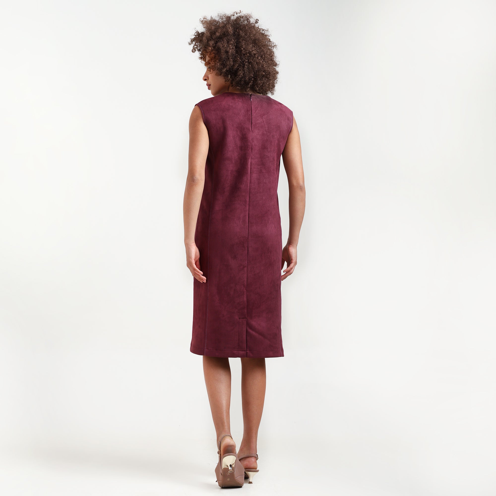 Wine Suede Dress With Pocket Top Stitch With Pocket