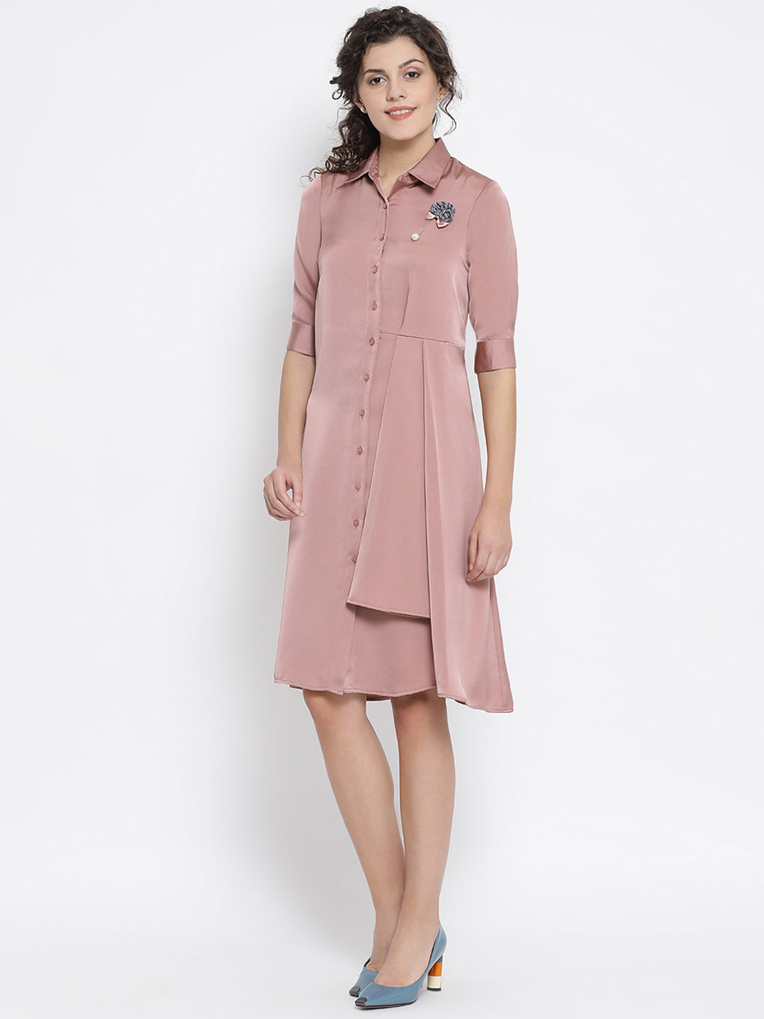 Pink Satin Drape Dress With Grey Flower Bunch Broach