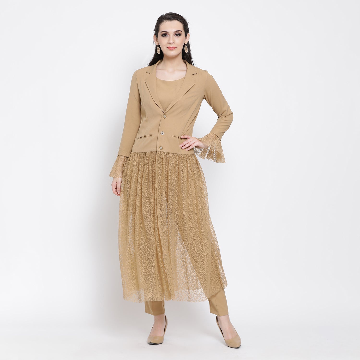 Beige Flower Net Jacket for Women-1