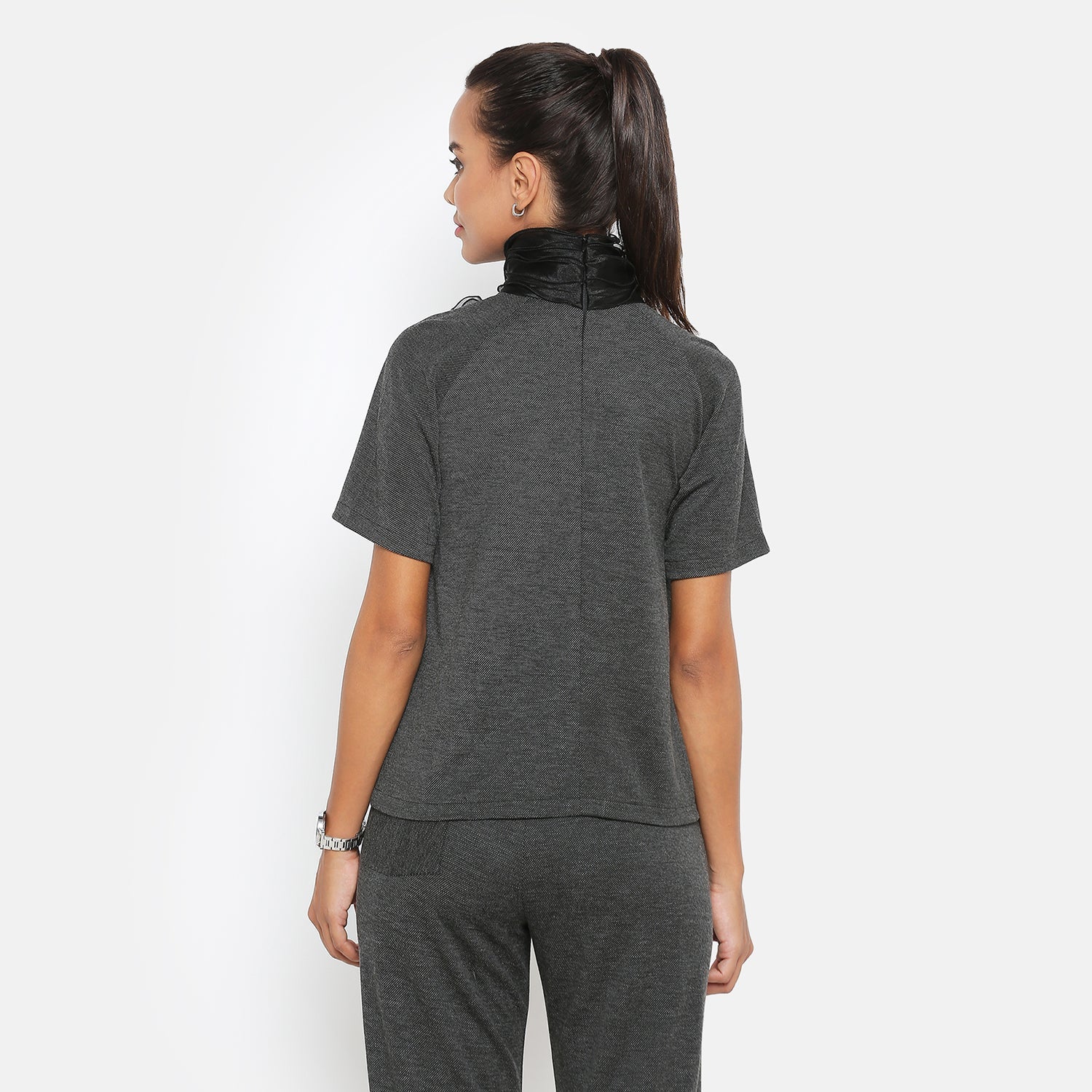 Dark Grey Cowl Top With Organza Frill